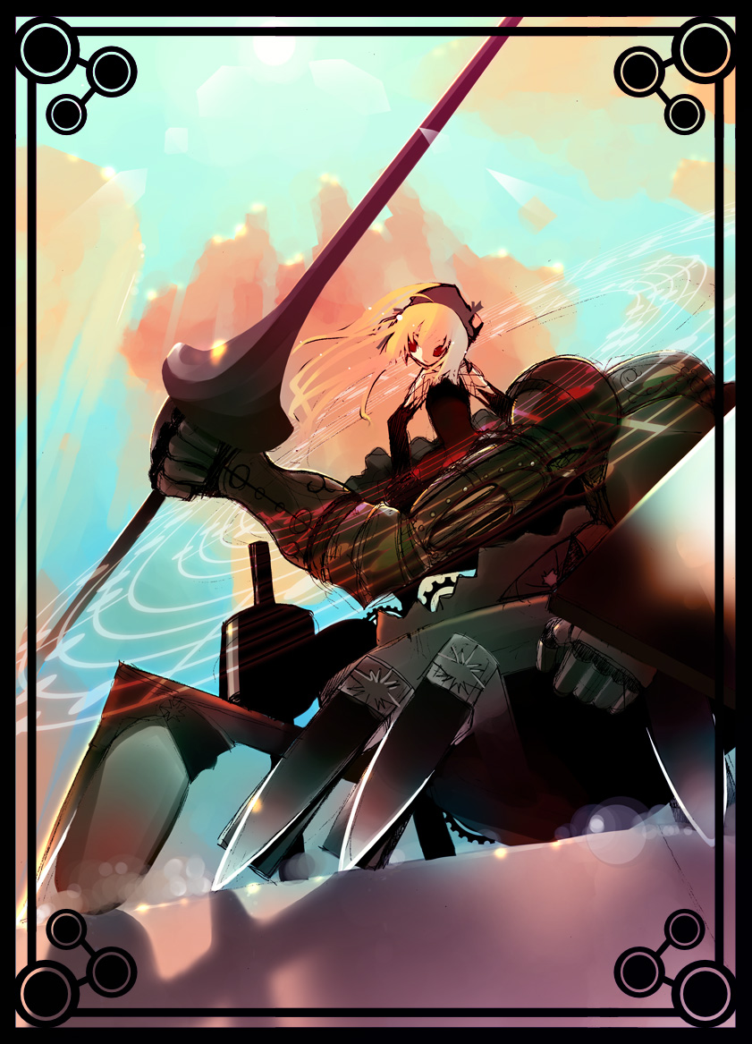 saya (sayaya), pixiv fantasia, pixiv fantasia 2, bad id, bad pixiv id, 1girl, blonde hair, female focus, lance, polearm, red eyes, solo, spear, weapon