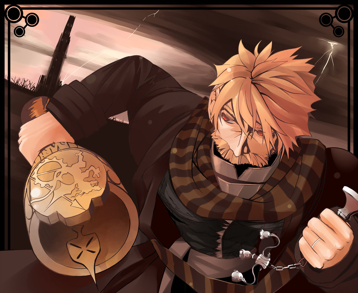 saya (sayaya), pixiv fantasia, pixiv fantasia 2, bad id, bad pixiv id, 1boy, blonde hair, lightning, male focus, red eyes, solo