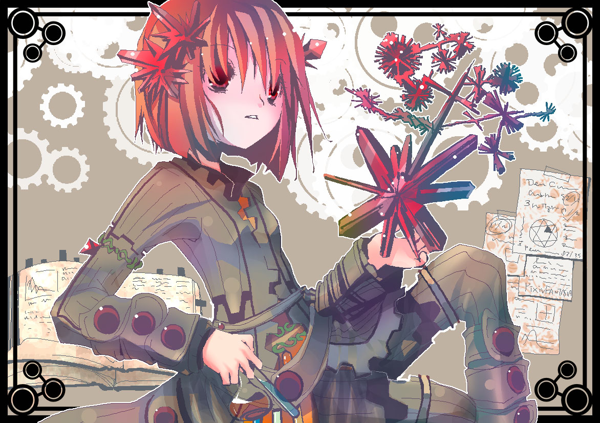 saya (sayaya), pixiv fantasia, pixiv fantasia 2, bad id, bad pixiv id, 1girl, crossed legs, female focus, red hair, sitting, solo