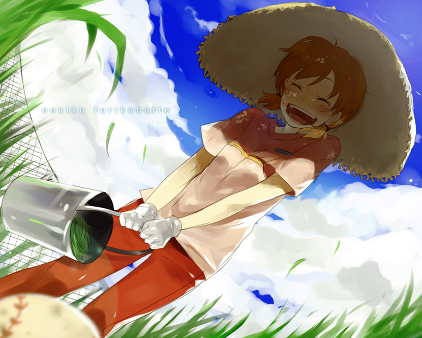kl (dgzonbi), shinooka chiyo, ookiku furikabutte, 00s, baseball, blush, brown hair, bucket, copyright name, day, field, from below, grass, hat, large hat, outdoors, short hair, smile, solo, sweat
