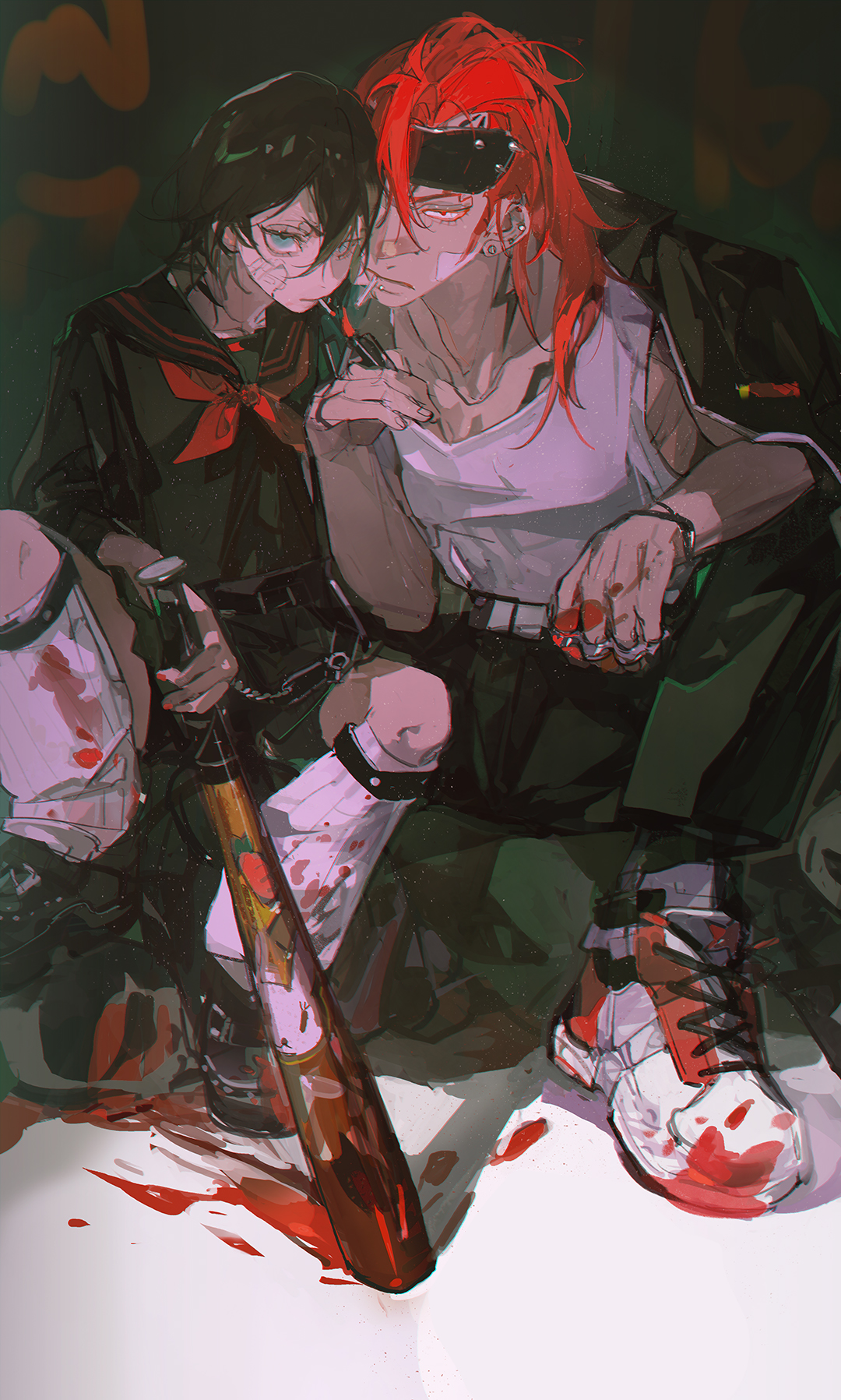 eucharist (susukinoo), abarai renji, kuchiki rukia, bleach, highres, bandaid, bandaid on cheek, bandaid on face, baseball bat, black hair, black jacket, black pants, black sailor collar, black serafuku, black shirt, black shoes, black skirt, blood, blood on clothes, bloody weapon, blue eyes, cigarette, delinquent, earrings, hair between eyes, holding, holding baseball bat, holding lighter, jacket, jacket on shoulders, jewelry, lighter, long hair, loose socks, multiple earrings, neckerchief, official alternate costume, pants, red eyes, red hair, red neckerchief, sailor collar, school uniform, serafuku, shirt, shoes, short hair, sitting, skirt, smoking, sneakers, socks, tank top, weapon, white shoes, white socks, white tank top