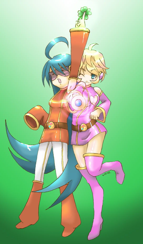 world (winky216), izumi konata, patricia martin, lucky star, 00s, 2girls, ahoge, belt, blonde hair, blue eyes, blue hair, boots, cleavage cutout, closed eyes, clothing cutout, clover, detached sleeves, dress, flat chest, four-leaf clover, leg lift, long hair, long sleeves, multiple girls, no bra, one eye closed, open mouth, pink boots, pink thighhighs, short hair, smile, sunglasses, thigh boots, thighhighs, very long hair, wand, wink, zettai ryouiki