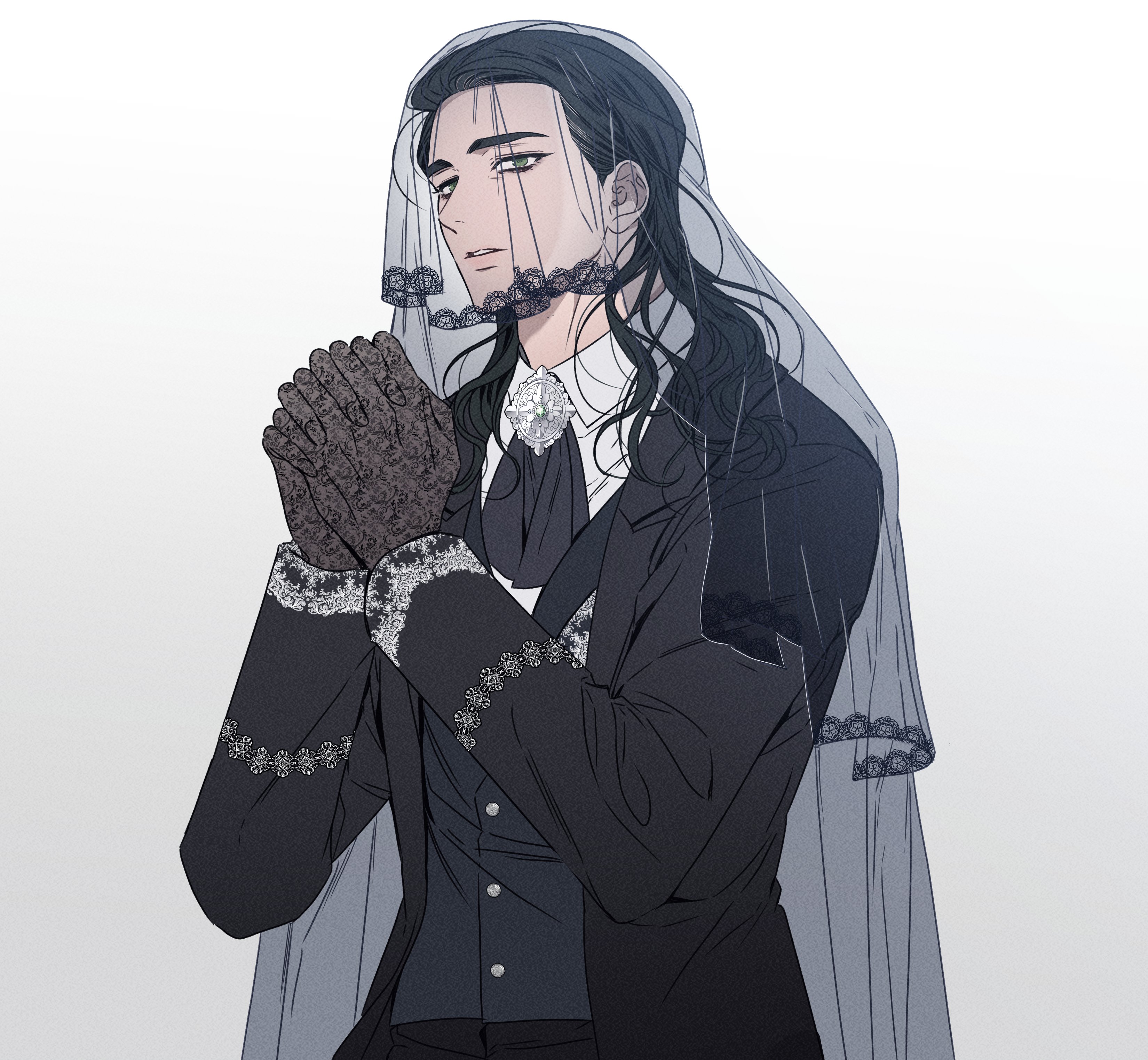 loki (marvel), marvel, thor (marvel) (series), absurdres, hashtag-only commentary, highres, 1boy, alternate costume, animification, black gloves, black hair, black jacket, black veil, black vest, gloves, green eyes, hair slicked back, iiia puhiii, jacket, lace, lace gloves, long hair, looking to the side, male focus, own hands clasped, own hands together, parted lips, shirt, solo, upper body, veil, vest, white background, white shirt