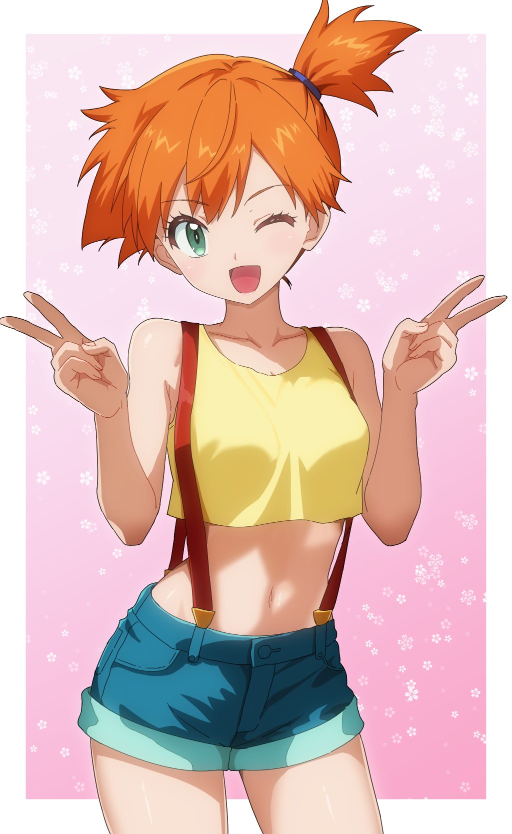 tarokichi, misty (pokemon), nintendo, pokemon, pokemon (anime), pokemon (classic anime), pokemon rgby, highres, 1girl, ;d, bare arms, bare shoulders, blue shorts, border, breasts, collarbone, cowboy shot, crop top, cropped shirt, denim, denim shorts, double v, eyelashes, green eyes, green shorts, hands up, looking at viewer, medium breasts, midriff, navel, one eye closed, open mouth, orange hair, pink background, ponytail, shirt, short hair, short shorts, shorts, side ponytail, sleeveless, sleeveless shirt, smile, solo, suspender shorts, suspenders, tank top, v, white border, wink, yellow shirt, yellow tank top