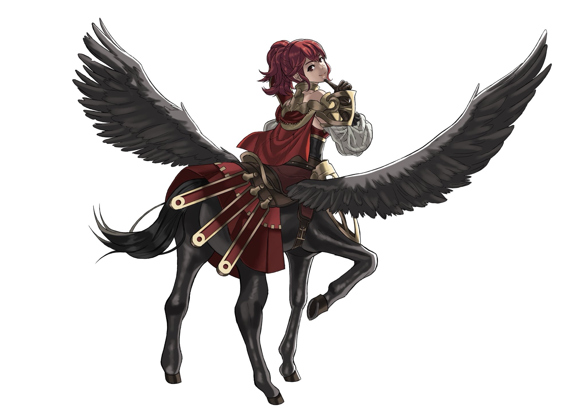 peacefulandflat, anna (fire emblem), fire emblem, fire emblem fates, nintendo, commentary, commission, highres, second-party source, 1girl, alternate costume, armor, ass, backlighting, barding, black armor, black feathers, black fur, black tail, body fur, brown gloves, cape, capelet, centaur, cuisses, detached sleeves, feathered wings, feathers, finger to own chin, from behind, gloves, gold armor, hair between eyes, hip armor, hooves, horse tail, kozaki yuusuke (style), long sleeves, looking at viewer, looking back, monster girl, monsterification, multiple legs, official style, panties, panties around leg, pauldrons, pegasus, ponytail, red armor, red cape, red capelet, red eyes, red hair, saddle, shoulder armor, sidelocks, smile, solo, spread wings, standing on three legs, tail, tassets, taur, underwear, white sleeves, wings