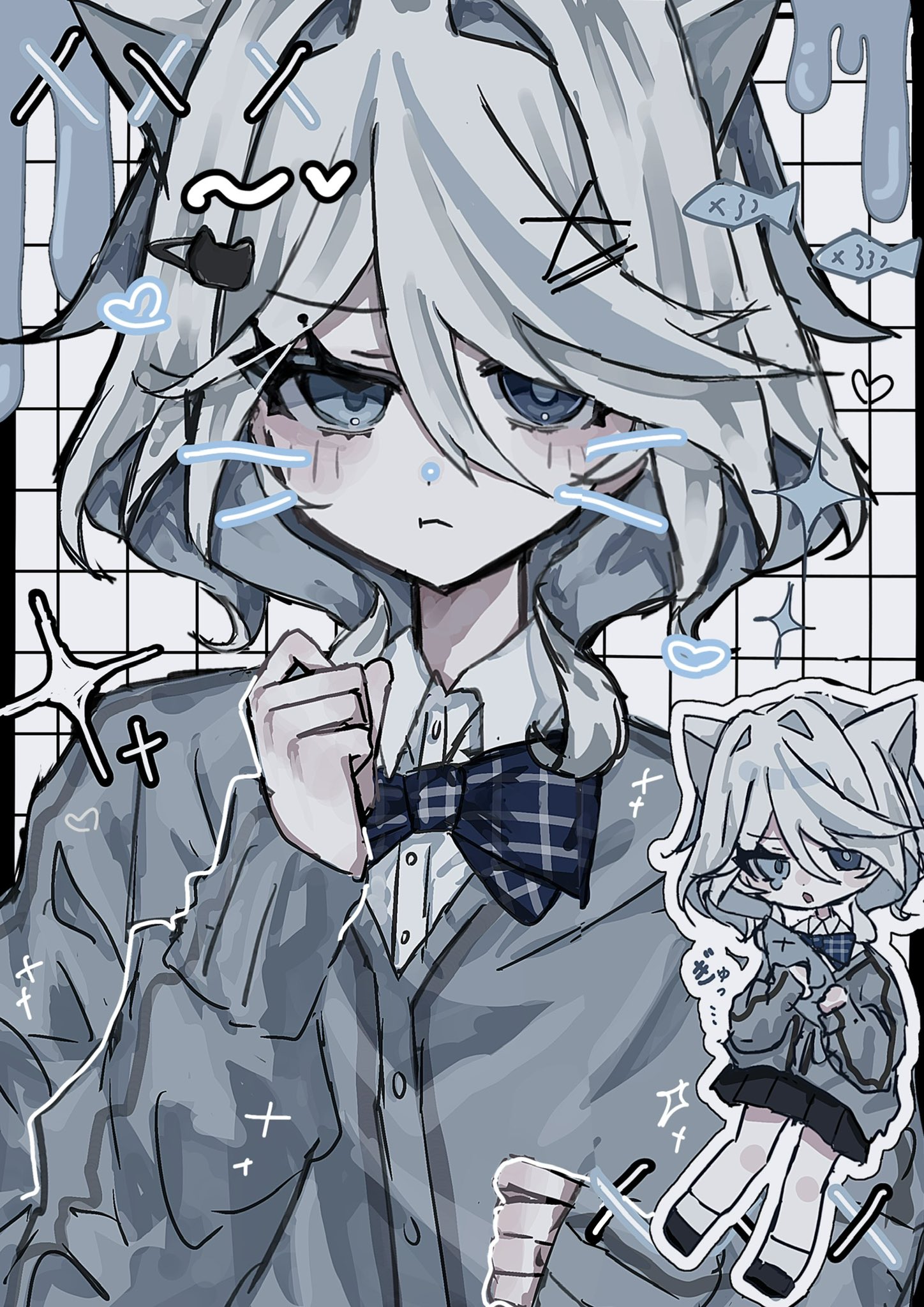 mirasan x, furina (genshin impact), genshin impact, highres, 1girl, :t, alternate costume, animal, animal ears, blue bow, blue bowtie, blue cardigan, blue eyes, bow, bowtie, cardigan, cat ears, cat hair ornament, chibi, chibi inset, closed mouth, collared shirt, drawn whiskers, fish, grid background, hair between eyes, hair ornament, heart, holding, holding animal, holding fish, kemonomimi mode, long sleeves, looking at viewer, mismatched pupils, multicolored hair, plaid bow, plaid bowtie, plaid clothes, pleated skirt, pout, school uniform, shirt, skirt, sleeves past wrists, sparkle, white hair, white shirt