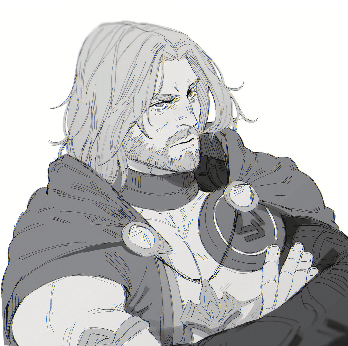 limach-an, thor (marvel), marvel, marvel rivals, thor (marvel) (series), commentary, english commentary, highres, 1boy, armlet, beard, cape, crossed arms, facial hair, greyscale, hellfire gala, jewelry, looking up, male focus, mature male, medium hair, monochrome, muscular, muscular male, necklace, official alternate costume, parted hair, solo, white background