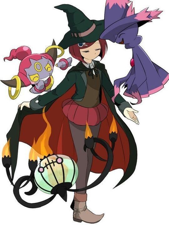 danganronpa (series), danganronpa v3: killing harmony, nintendo, pokemon, bad source, character request, third-party source, 1girl, belt, belt buckle, black cape, black hat, black jacket, black ribbon, blazer, blunt ends, bob cut, boots, brown boots, brown vest, buckle, cape, cape hold, closed eyes, collared jacket, collared shirt, contrast collar, dot nose, dress shirt, eyelashes, footwear ribbon, full body, grey pantyhose, grey shirt, hat, hat belt, high heel boots, high heels, jacket, lapels, long sleeves, miniskirt, mube (pixiv 12824341), neck ribbon, no mouth, notched lapels, open clothes, open jacket, pantyhose, pink belt, pleated skirt, pointy boots, pokemon (creature), pokemon team, red cape, red hair, red skirt, ribbon, shirt, short hair, simple background, skirt, sleeve cuffs, standing, two-sided cape, two-sided fabric, v-neck, vest, white background, white ribbon, witch hat