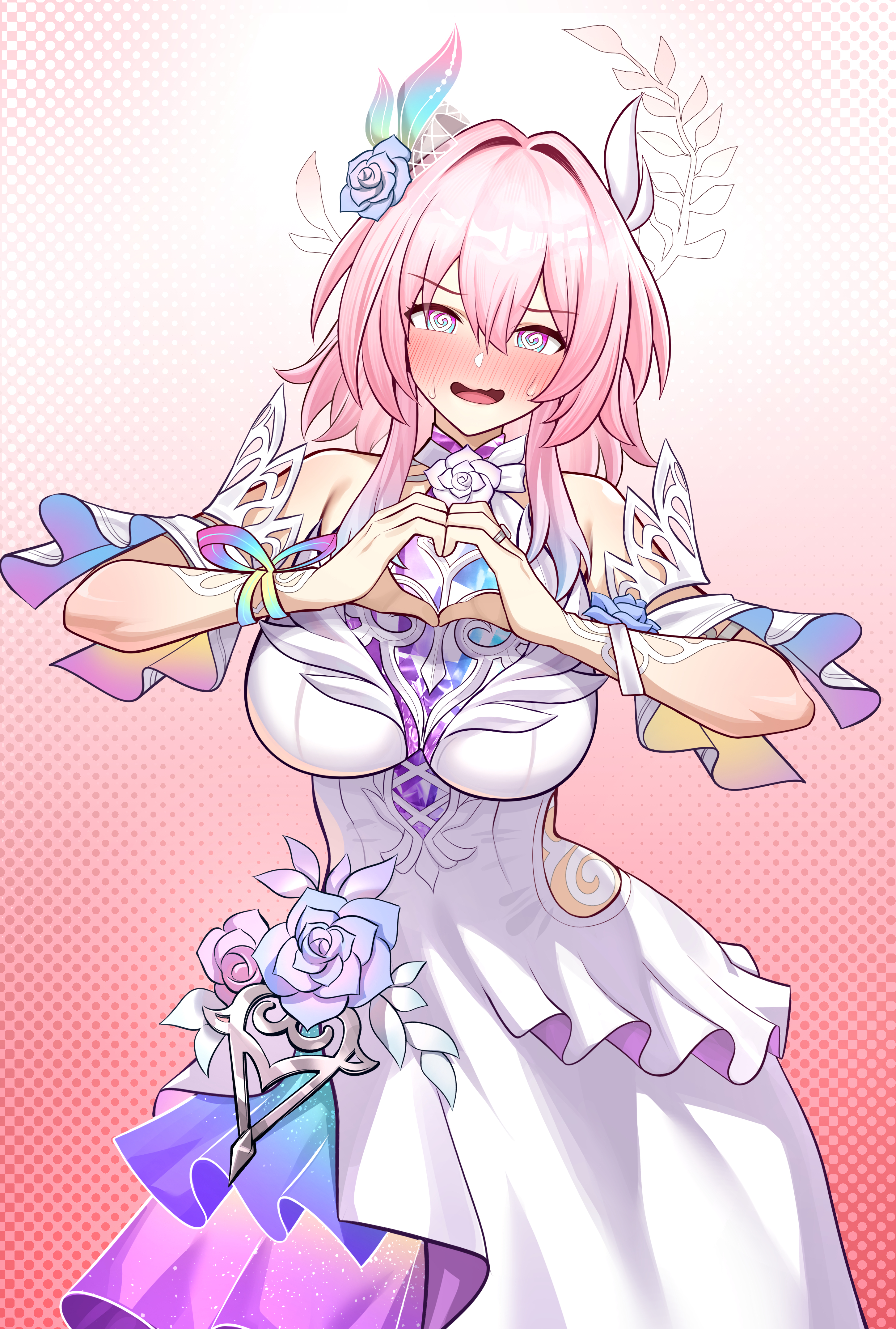 bonz0616, cyrene (demiurge) (honkai: star rail), cyrene (honkai: star rail), march 7th (honkai: star rail), honkai: star rail, honkai (series), absurdres, commentary, english commentary, highres, 1girl, @ @, alternate breast size (larger), bare shoulders, blue eyes, blush, breasts, cosplay, cyrene (honkai: star rail) (cosplay), dotted background, dress, embarrassed, flower, gradient eyes, hair between eyes, hair flower, hair ornament, heart, heart hands, large breasts, looking at viewer, medium hair, multicolored eyes, nose blush, open mouth, pink background, pink hair, purple flower, purple rose, rose, smile, solo, white dress