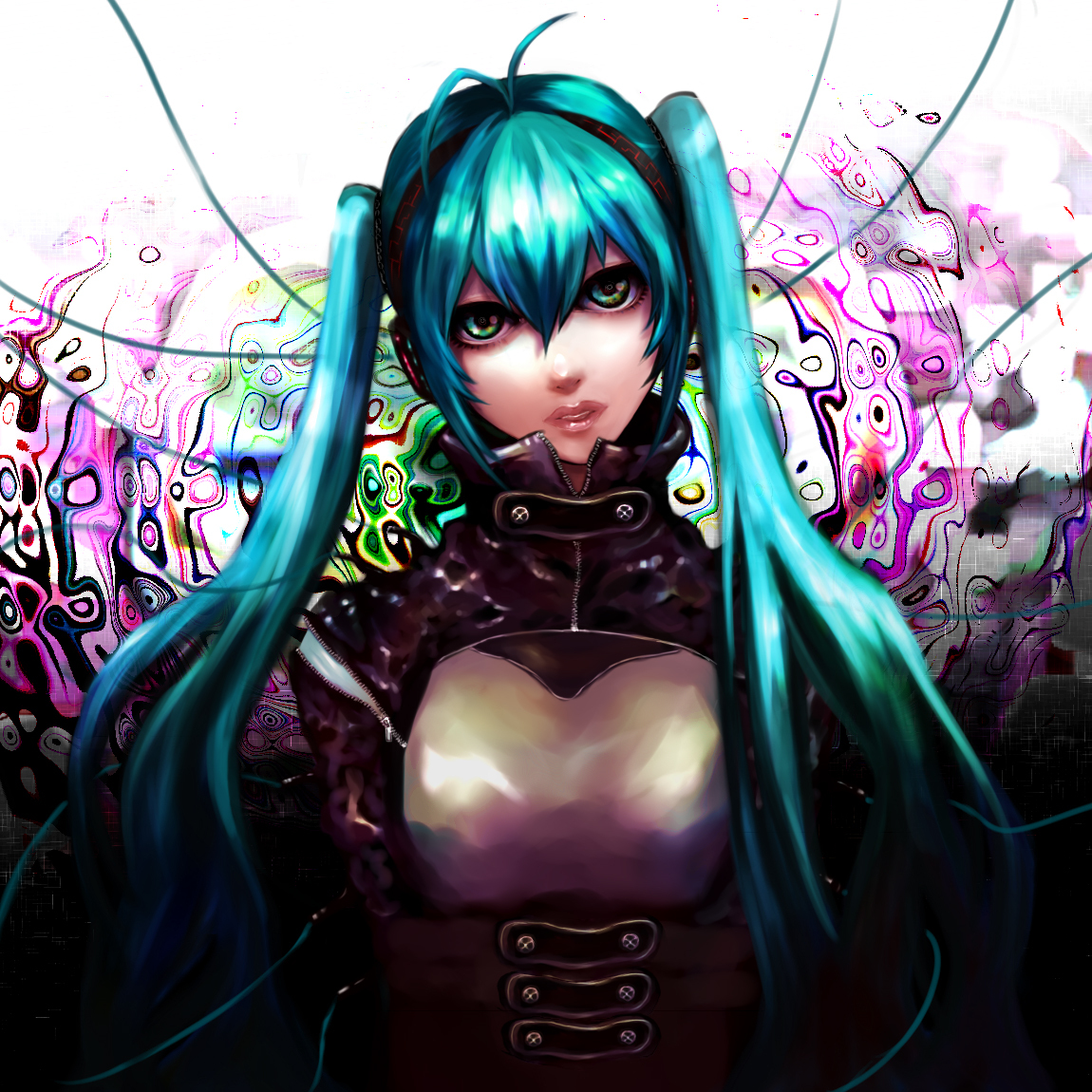 megabani, hatsune miku, vocaloid, bad id, bad piapro id, 1girl, ahoge, alternate costume, aqua eyes, aqua hair, female focus, headphones, long hair, solo, twintails