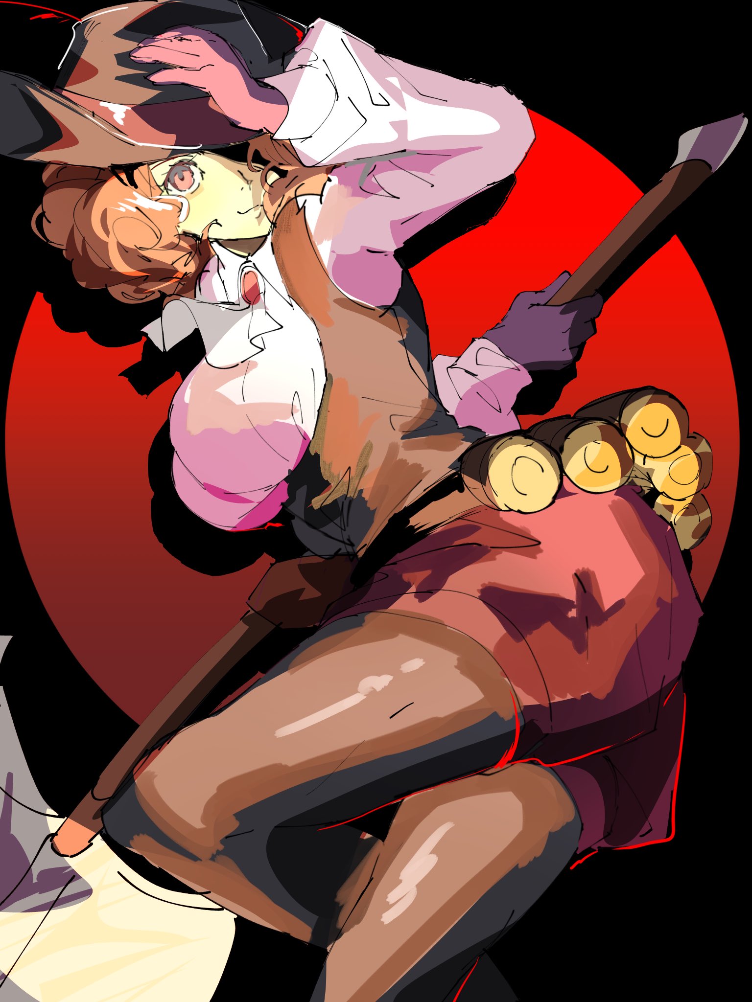 4me3ba niku, noir (persona 5), okumura haru, persona, persona 5, highres, 1girl, ascot, black hat, breasts, brown eyes, brown hair, gloves, hat, hat feather, large breasts, leggings, long sleeves, looking at viewer, pantyhose, purple gloves, shirt, short hair, shorts, sketch, smile, solo