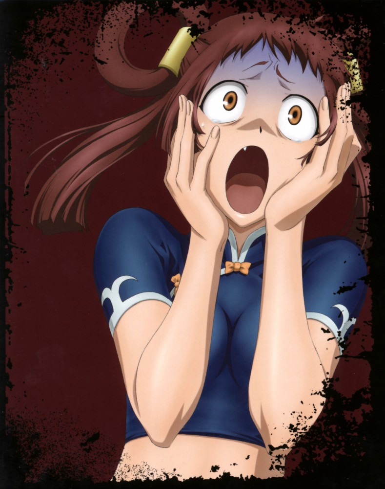 yunyun (canaan), 428, 428: fuusa sareta shibuya de, canaan (series), chunsoft, the scream, 1girl, bow, constricted pupils, fang, female focus, fine art parody, hands on own face, midriff, open mouth, parody, scared, screaming, solo, turn pale, twintails