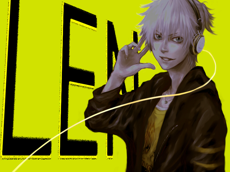 megabani, kagamine len, vocaloid, bad id, bad piapro id, 1boy, aqua eyes, blonde hair, casual, headphones, jacket, male focus, simple background, smile, solo