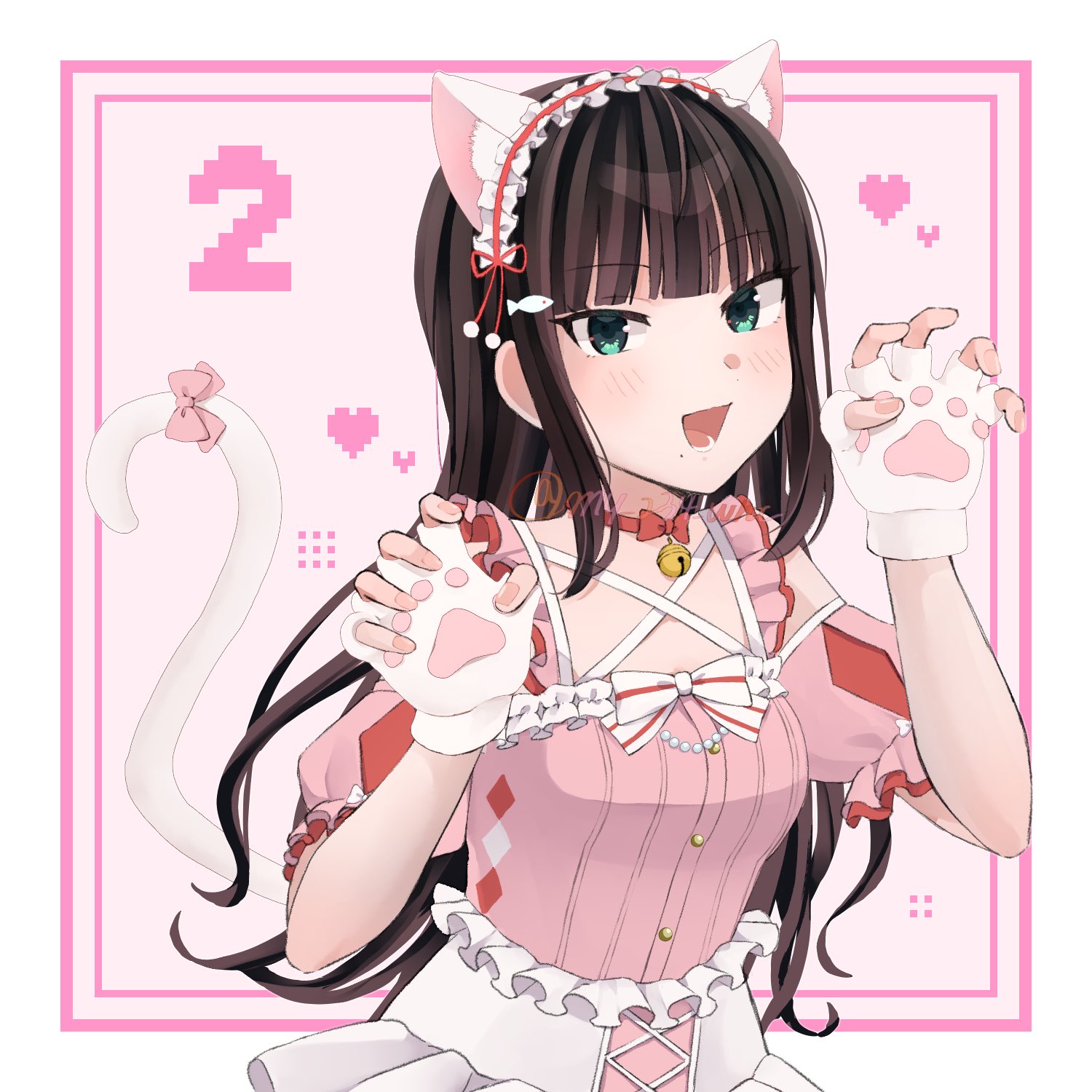 my 234 wht, kurosawa dia, love live!, love live! sunshine!!, highres, 1girl, animal ears, black hair, blue eyes, blush, cat ears, cat girl, cat tail, claw pose, dress, fake animal ears, gloves, hair ornament, hairclip, long hair, long sleeves, looking at viewer, open mouth, pink background, pink dress, solo, tail, upper body