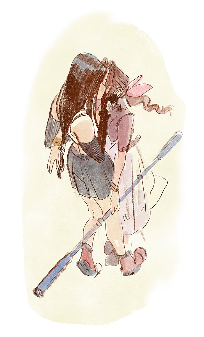 aerith gainsborough, tifa lockhart, final fantasy, final fantasy vii, final fantasy vii remake, 2girls, bangle, bare shoulders, black gloves, black hair, black skirt, boots, border, bracelet, brown boots, brown hair, closed eyes, crop top, dress, elbow gloves, fingerless gloves, from above, full body, gloves, hair ribbon, hand in another's hair, holding, holding staff, jewelry, kiss, long dress, long hair, low-tied long hair, marianne khalil, midriff, miniskirt, multiple girls, parted bangs, pink dress, pink ribbon, pleated skirt, ponytail, red boots, ribbon, shirt, sidelocks, sketch, skirt, staff, white border, white shirt, yuri