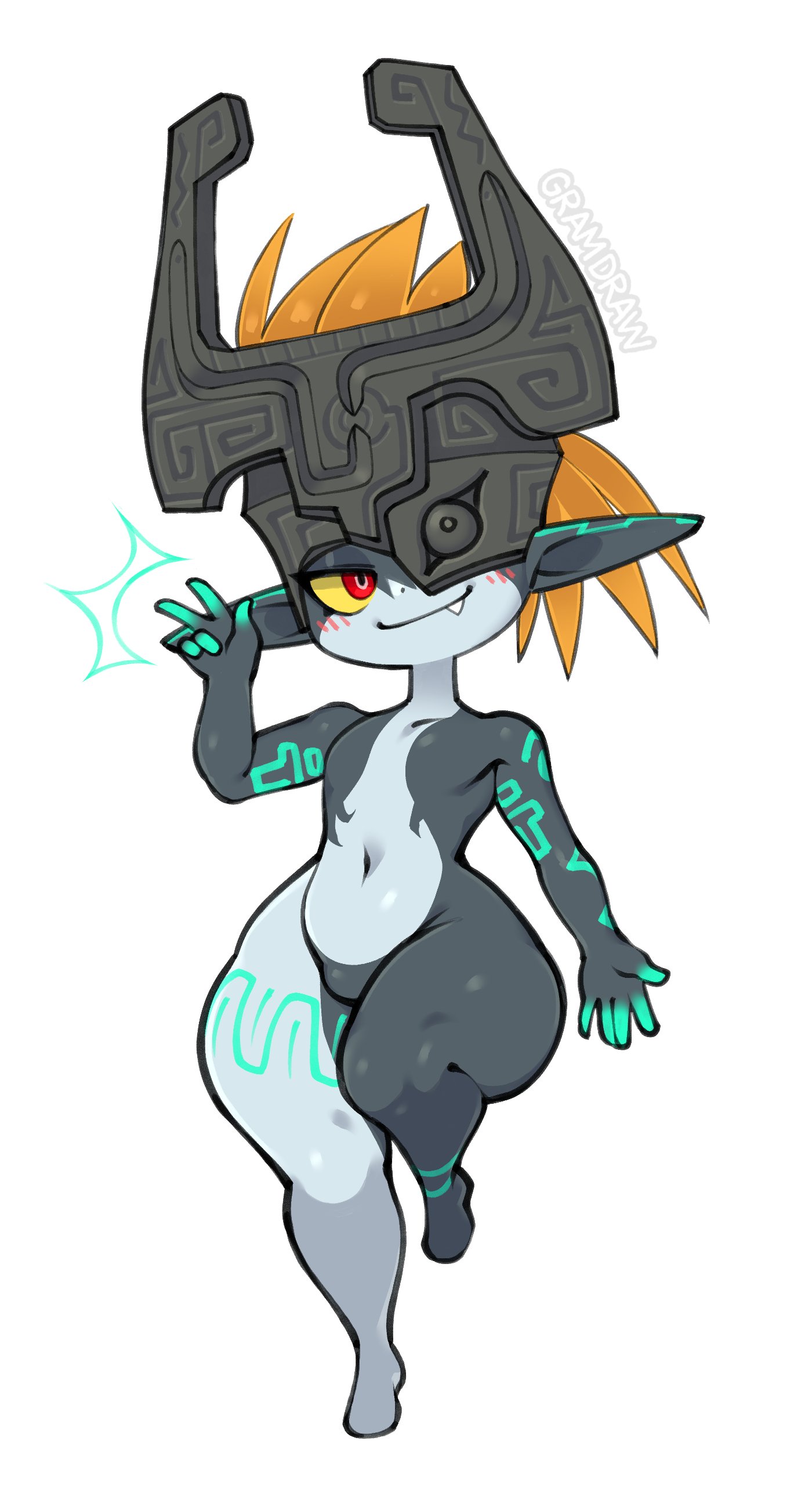 gramdraw, midna, nintendo, the legend of zelda, highres, 1girl, ass, colored sclera, colored skin, curvy, fang, full body, helmet, kneepits, looking at viewer, multicolored skin, navel, one eye covered, pointy ears, red eyes, shiny skin, simple background, sky, smug, solo, two-tone skin, wide hips, yellow sclera, yellow sky