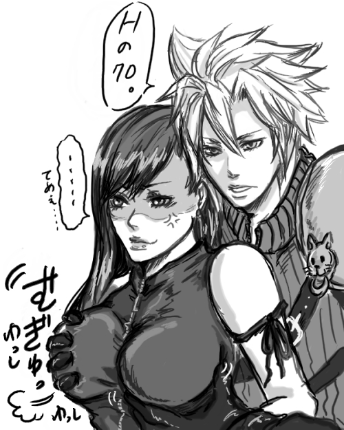 shouchuu nikuwari, cloud strife, tifa lockhart, final fantasy, final fantasy vii, final fantasy vii: advent children, translation request, 00s, 1990s (style), 1boy, 1girl, angry, bare shoulders, black hair, breasts, breasts squeezed together, couple, groping, hetero, long hair, monochrome, shoulder pads, sleeveless, sleeveless turtleneck, spiked hair, turtleneck, vest