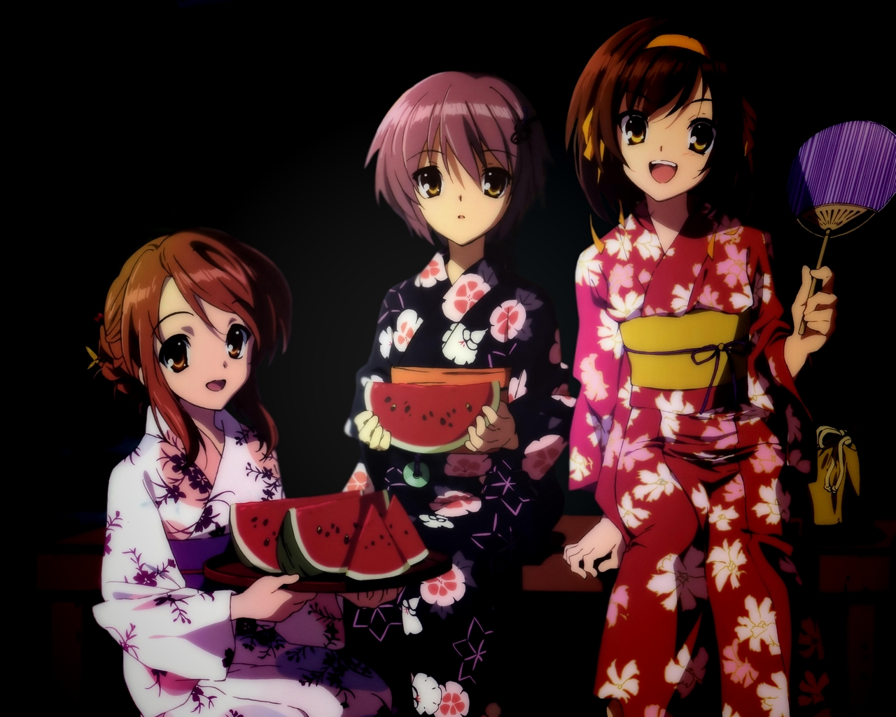 nishiya futoshi, asahina mikuru, nagato yuki, suzumiya haruhi, suzumiya haruhi no yuuutsu, 00s, 3girls, food, fruit, hand fan, japanese clothes, kimono, multiple girls, paper fan, uchiwa, watermelon, yukata