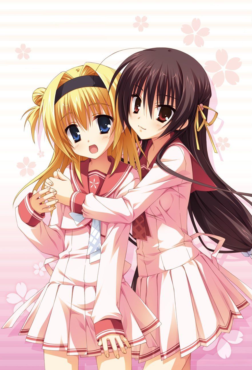 artist request, character request, highres, source request, tagme, 2girls, blonde hair, blue eyes, brown hair, multiple girls, red eyes, school uniform, yuri