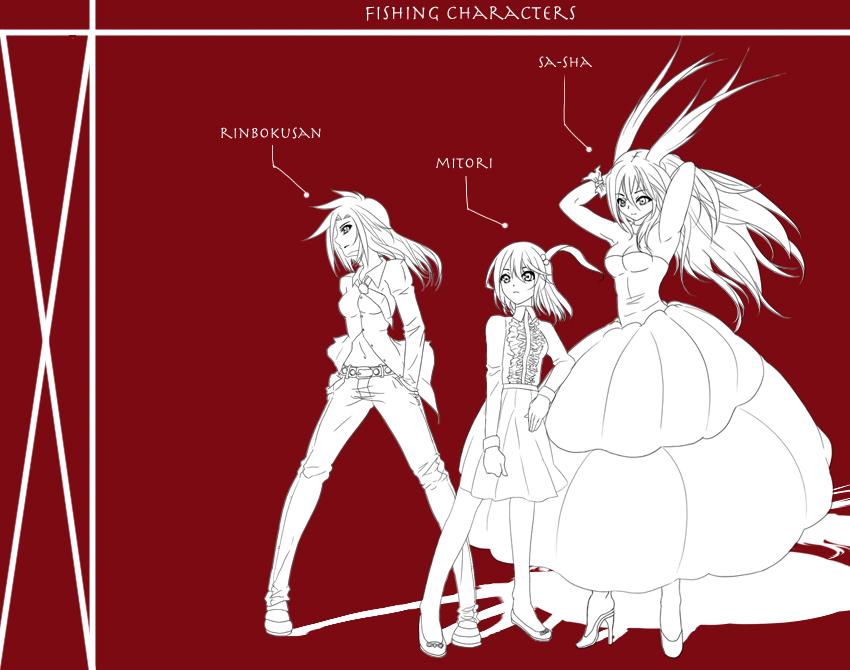 nock (garimoyasi), kawashiro mitori, sasaki rinbokusan, sashiromiya sasha, suzuki rinbokusan, original, touhou, 3girls, contemporary, female focus, multiple girls