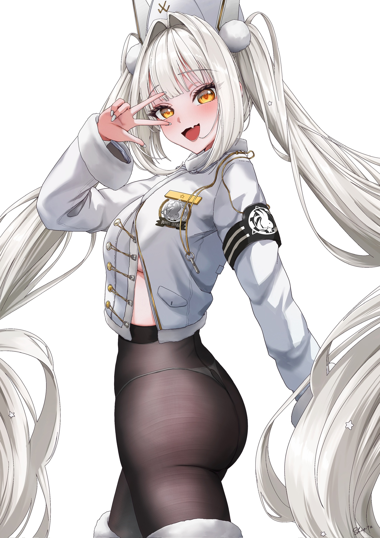 shupita, blanc (fortune express) (nikke), blanc (nikke), goddess of victory: nikke, highres, 1boy, armband, ass, black armband, black pantyhose, boots, breasts, coat, fang, fur-trimmed boots, fur trim, high-waist pantyhose, looking at viewer, medium breasts, official alternate costume, official alternate hairstyle, open mouth, panties, panties under pantyhose, pantyhose, see-through pantyhose, skin fang, smile, solo, twintails, underwear, white background, white boots, white hair, winter clothes, winter coat