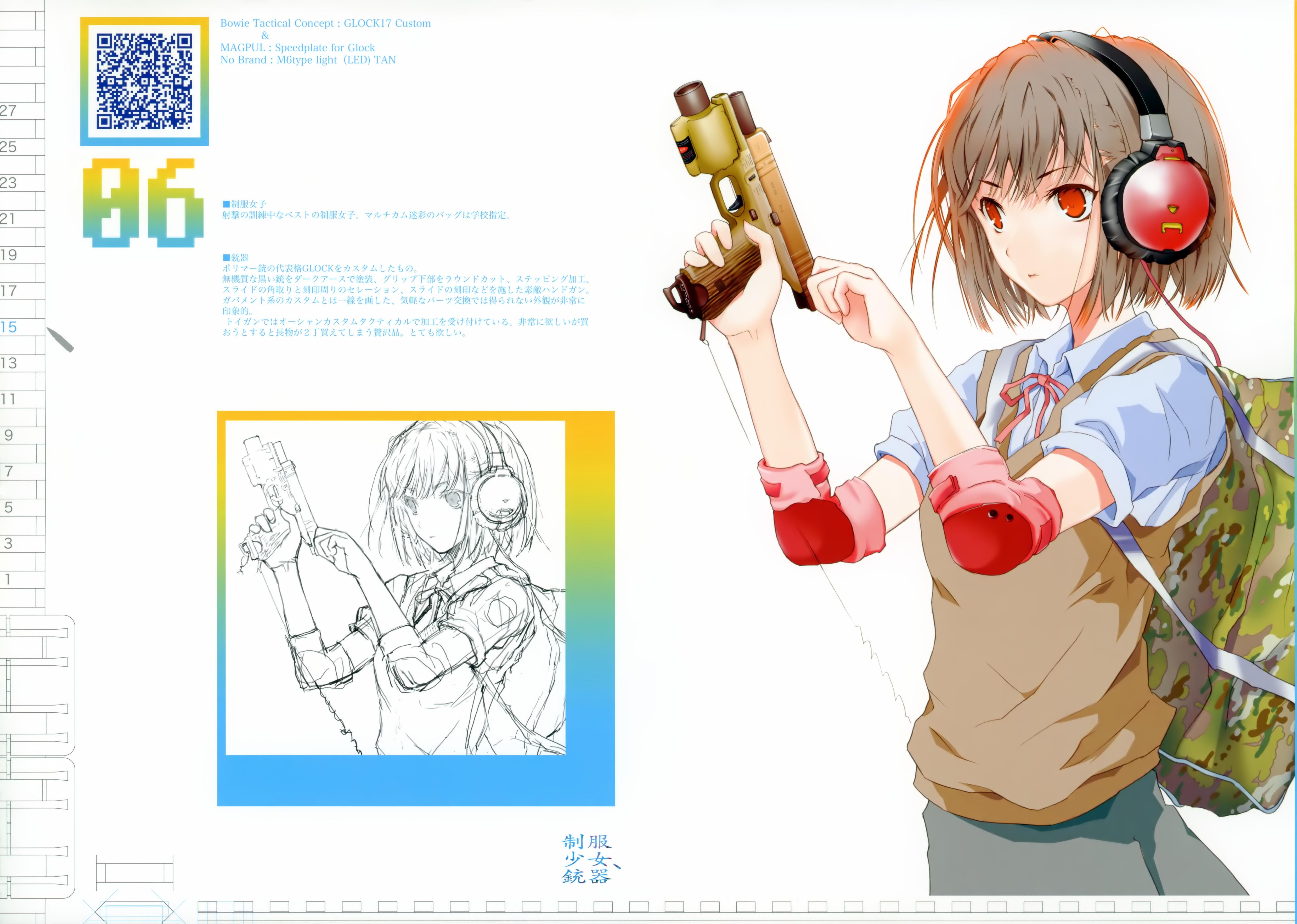 fuyuno haruaki, absurdres, highres, 1girl, backpack, bag, barcode, brown hair, cocking gun, glock, gun, handgun, headphones, military operator, pistol, qr code, randoseru, red eyes, school uniform, semi-automatic pistol, short hair, sketch, sweater vest, trigger discipline, weapon