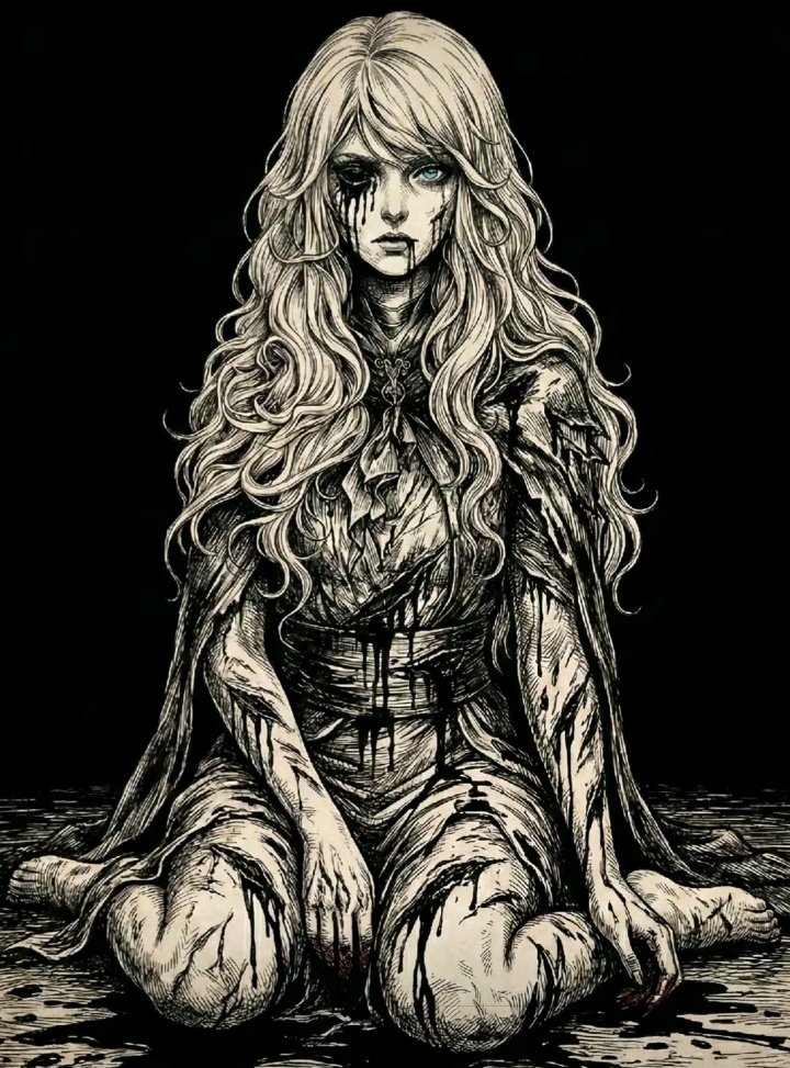 cassie (shadow slave), shadow slave, artist request, second-party source, 1girl, barefoot, bleeding, blood, blood from mouth, bloody tears, blue eyes, brooch, capelet, frills, full body, gouged eye, jewelry, long hair, looking at viewer, scar, scar on arm, scar on leg, sitting, solo, spot color, tunic, vest, wariza, wavy hair