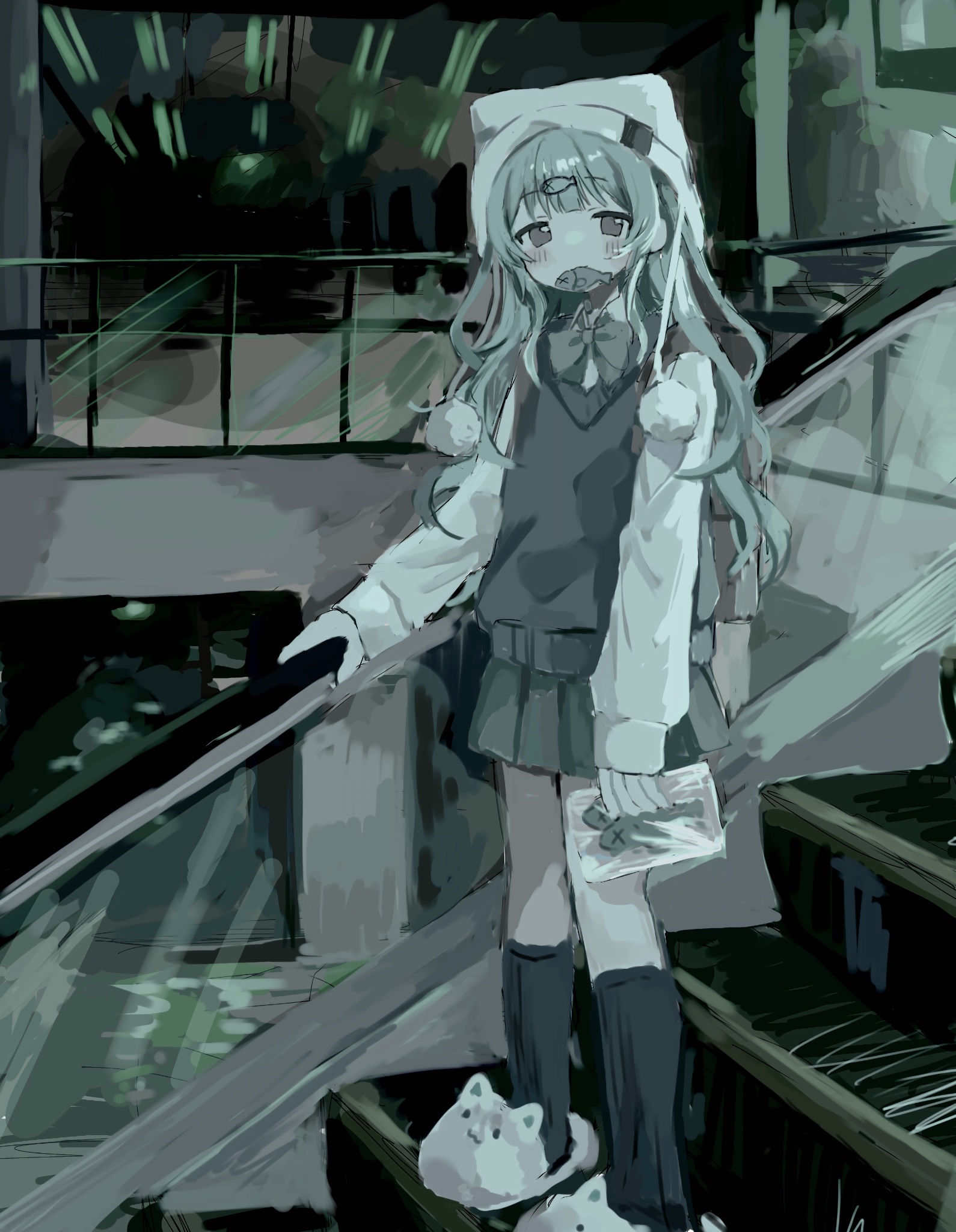 yukitomo (motcha111), original, highres, 1girl, animal ear headwear, animal slippers, beanie, black socks, bow, bowtie, collared shirt, escalator, fake animal ears, fish, fish hair ornament, fish in mouth, full body, green skirt, hair ornament, hairclip, hand on railing, hat, holding, indoors, kneehighs, long hair, long sleeves, looking at viewer, miniskirt, muted color, on stairs, pleated skirt, pom pom (clothes), pom pom beanie, railing, shirt, skirt, slippers, socks, solo, stairs, standing, sweater vest, white hat, white shirt