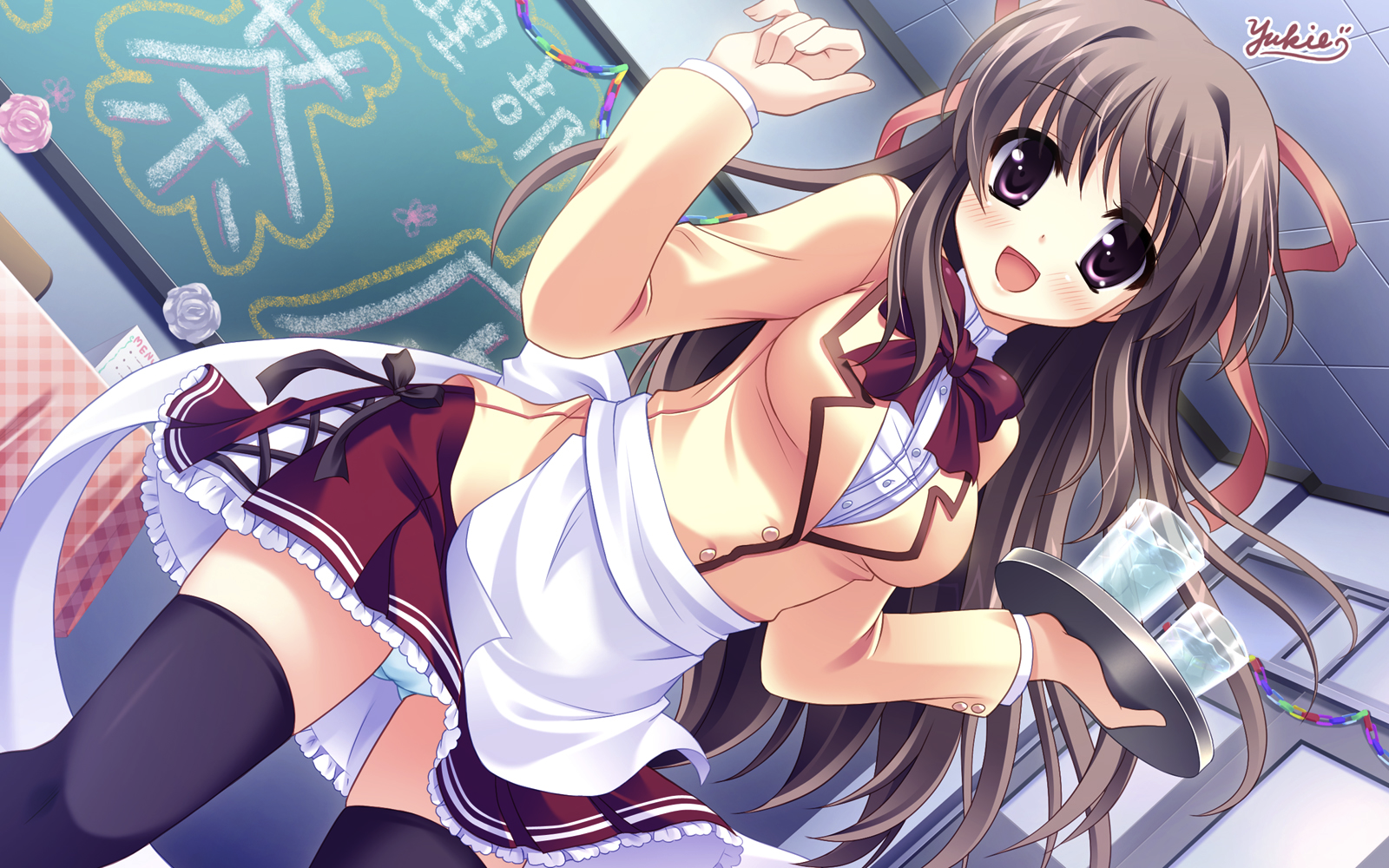 yukie (peach candy), highres, 1girl, apron, black thighhighs, blazer, bow, breasts, brown hair, female focus, glass, hair ribbon, indoors, jacket, large breasts, long hair, open mouth, panties, pantyshot, purple eyes, ribbon, solo, thighhighs, tray, underwear, waist apron, waitress, white panties, zettai ryouiki