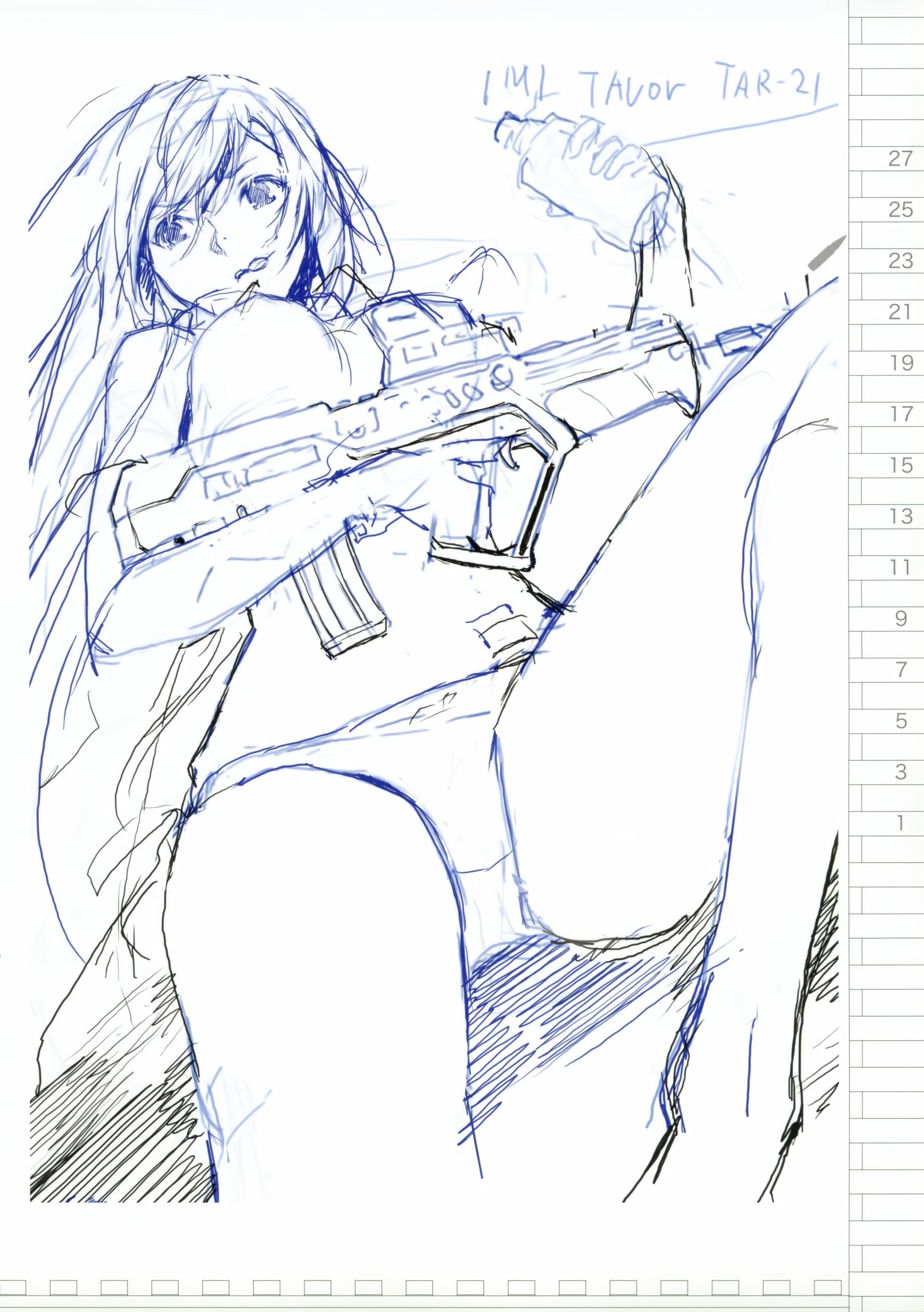 fuyuno haruaki, absurdres, highres, 1girl, assault rifle, bullpup, female focus, gun, iwi tavor, panties, rifle, sketch, solo, underwear, weapon