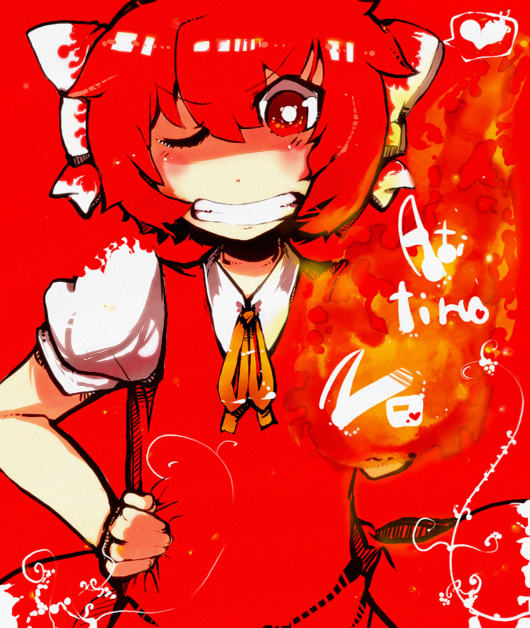 teraba-u, terada tera, achi cirno, cirno, touhou, bad id, bad pixiv id, 1girl, alternate color, alternate element, bow, female focus, fire, hair bow, red eyes, red hair, short hair, solo