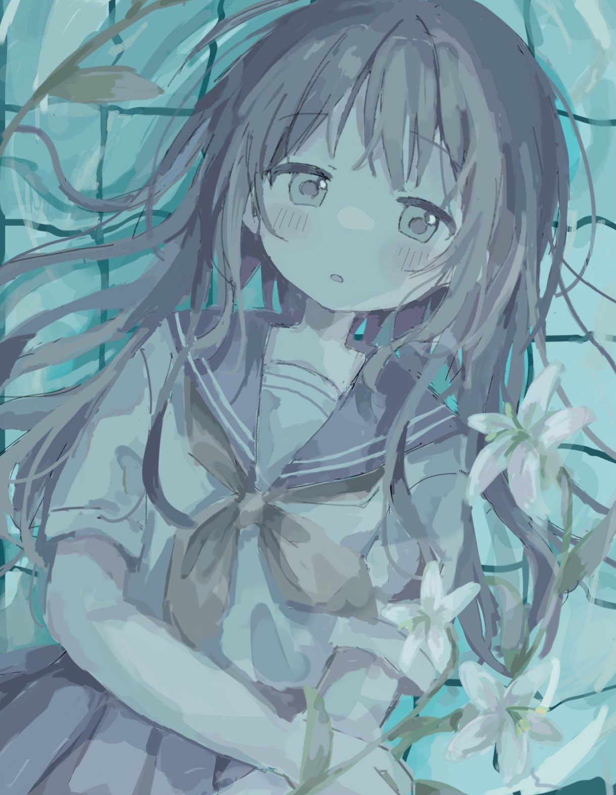 yukitomo (motcha111), original, highres, 1girl, blue sailor collar, blue skirt, blush, flower, hair spread out, hand on own arm, holding, holding flower, long hair, lying, neckerchief, on back, on floor, open mouth, parted lips, partially submerged, pleated skirt, pool, sailor collar, school uniform, serafuku, shirt, short sleeves, skirt, solo, tile floor, tiles, white flower, white serafuku, white shirt, yellow neckerchief