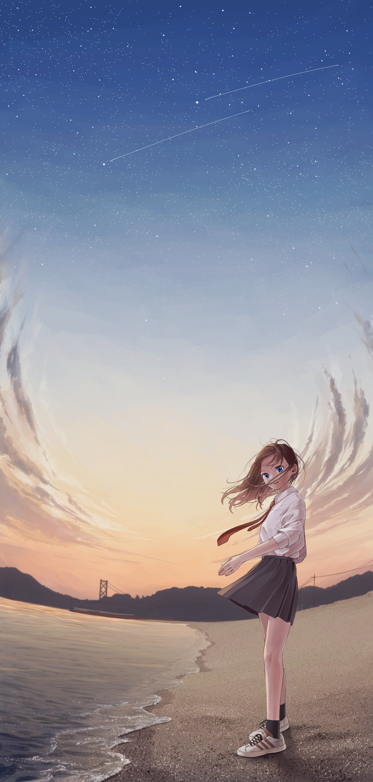 hami yura, original, absurdres, commentary, english commentary, highres, 1girl, arm at side, beach, black skirt, black socks, blue eyes, brown hair, cloud, dusk, fisheye, floating clothes, floating hair, from side, full body, long hair, looking at viewer, looking back, looking to the side, necktie, ocean, outdoors, parted lips, pleated skirt, red necktie, school uniform, shirt, shoes, shooting star, skirt, sky, sky focus, sneakers, socks, solo, star (sky), starry sky, swimsuit, three-quarter sleeves, turning head, twilight, water, white shirt, white shoes, wind