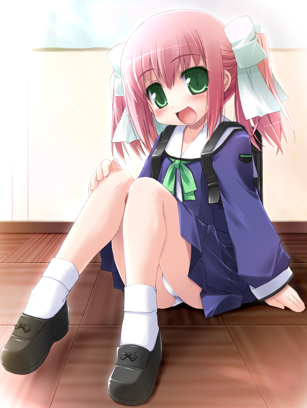 haga yui, white legwear, arm support, backpack, bag, blue dress, blush, dress, green eyes, hair ribbon, loli, panties, pantyshot, pink hair, randoseru, ribbon, school uniform, shoes, short hair, short twintails, sitting, smile, socks, twintails, underwear