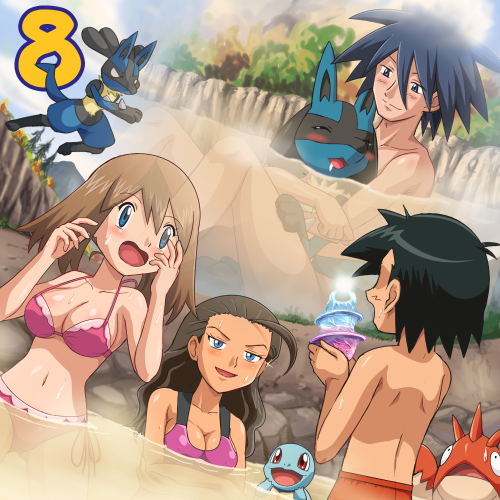 pokemoa, ash ketchum, corphish, kidd summers, lucario, may (pokemon), sir aaron, squirtle, nintendo, pokemon, pokemon: lucario and the mystery of mew, pokemon (anime), pokemon rse (anime), alternate breast size, lowres, 00s, 2boys, 2girls, :d, :o, ^ ^, ahoge, back, bikini, black hair, blue eyes, blue sky, blush, body blush, breasts, brown hair, child, cleavage, cliff, closed eyes, clothed female nude male, cloud, crossed arms, crystal, day, drooling, dutch angle, embarrassed, flashback, furry, furry with non-furry, gen 1 pokemon, gen 3 pokemon, gen 4 pokemon, hair between eyes, happy, holding, hug, hug from behind, interspecies, jumping, large breasts, long hair, male swimwear, mountain, multiple boys, multiple girls, nature, naughty face, navel, no pupils, nude, official alternate costume, onsen, open mouth, outdoors, partially submerged, pink bikini, pokemon (creature), pokephilia, red eyes, red male swimwear, red swim trunks, rock, saliva, seductive smile, short hair, short twintails, side-tie bikini bottom, sideboob, sitting, sitting on lap, sitting on person, sky, smile, spiked hair, sports bikini, steam, surprised, swim trunks, swimsuit, tan, tankini, topless male, tree, twintails, wading, water, wavy hair, wet