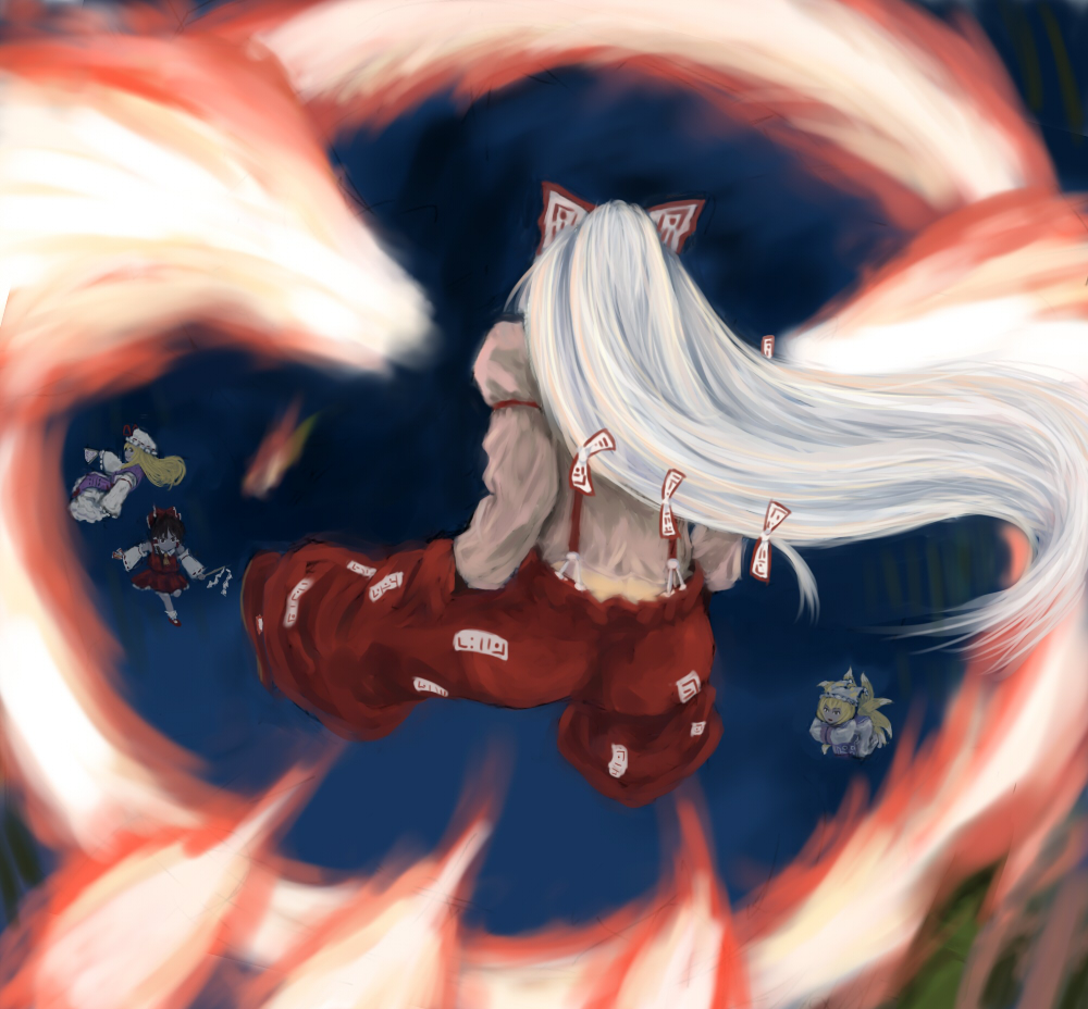 kouzilow, fujiwara no mokou, hakurei reimu, yakumo ran, yakumo yukari, imperishable night, touhou, 4girls, bow, female focus, fiery wings, fire, hair bow, long hair, multiple girls, pants, suspenders, white hair, wings