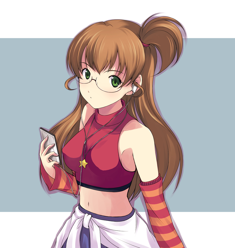 onion (lemlaml), sakurai yumeko, idolmaster, bad id, bad pixiv id, 00s, 1girl, brown hair, clothes around waist, detached sleeves, earbuds, earphones, female focus, glasses, green eyes, halterneck, headphones, ipod, jewelry, long hair, midriff, mp3 player, necklace, side ponytail, solo, sweater, sweater around waist