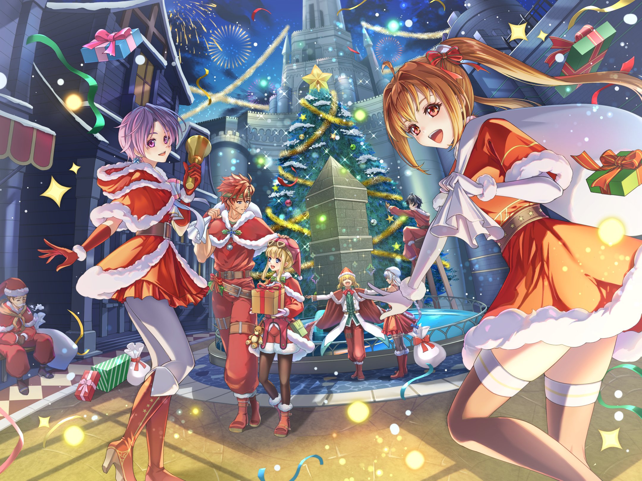 chiga akira, agate crosner, cassius bright, estelle bright, joshua bright, kloe rinz, olivert reise arnor, scherazard harvey, tita russell, eiyuu densetsu, sora no kiseki, highres, 4boys, 4girls, aerial fireworks, ahoge, antenna hair, black hair, black thighhighs, blue eyes, boots, box, capelet, christmas, christmas ornaments, christmas star, christmas tree, closed eyes, closed mouth, confetti, cross scar, decorating christmas tree, double-parted bangs, dress, elbow gloves, facial scar, fireworks, floating hair, fountain, fur-trimmed boots, fur-trimmed capelet, fur-trimmed dress, fur-trimmed gloves, fur-trimmed headwear, fur-trimmed skirt, fur trim, gift, gift box, gloves, goggles, goggles on head, green eyes, green headband, hair between eyes, hair intakes, hat, headband, high heel boots, high heels, holding, holding gift, holding sack, holly, long hair, long sleeves, looking at viewer, multiple boys, multiple girls, night, open mouth, outdoors, parted bangs, purple eyes, purple hair, red boots, red capelet, red dress, red eyes, red gloves, red hair, red hat, sack, santa costume, santa dress, santa hat, scar, scar on cheek, scar on face, short hair, sigh, sitting, skirt, smile, snow, thighhighs, twintails, white gloves, white hair