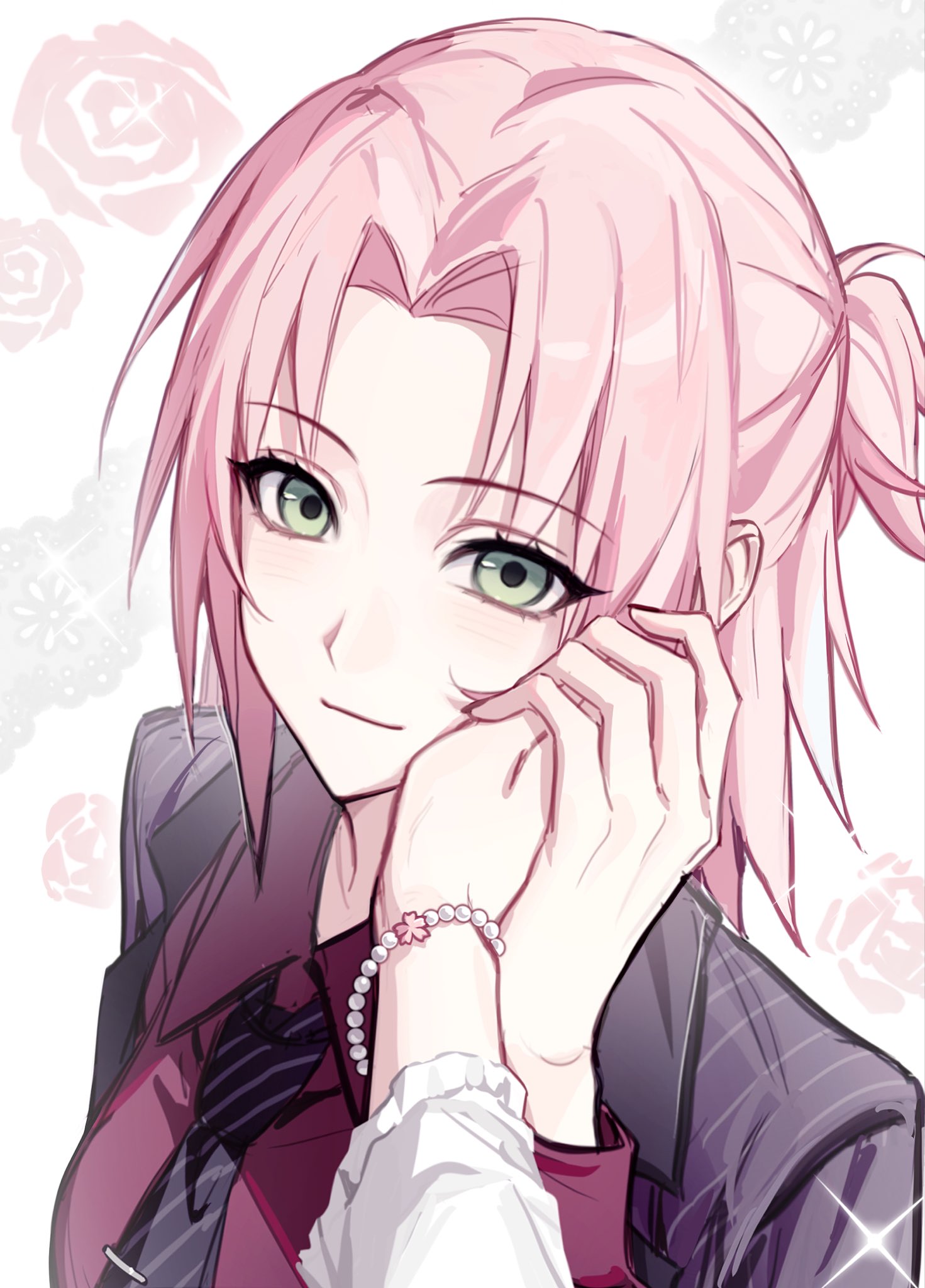 haruno sakura, naruto (series), naruto shippuuden, highres, 1girl, 1other, bead bracelet, beads, bracelet, breasts, closed mouth, collared shirt, floral background, green eyes, hand on another's cheek, hand on another's face, holding hands, jacket, jewelry, kryu0415, light blush, light smile, looking at viewer, medium breasts, medium hair, necktie, parted bangs, pink hair, pinstripe jacket, pinstripe pattern, red shirt, shirt, striped clothes, striped necktie, suit jacket, updo, upper body, white shirt
