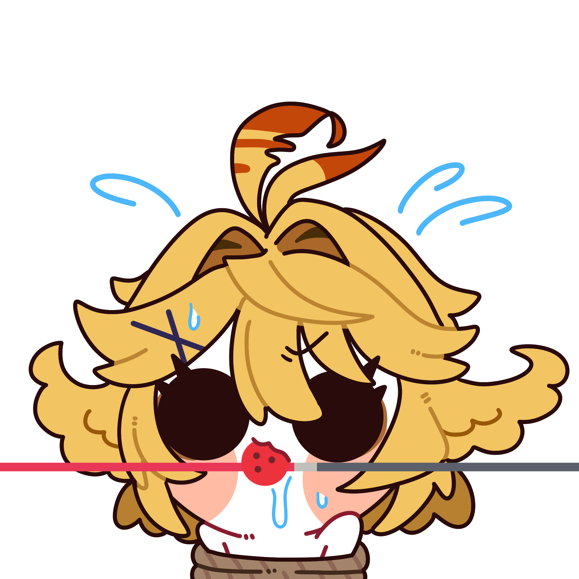 252 eyo, dokibird, dokibird (bounty hunter), indie virtual youtuber, youtube, commentary, derivative work, english commentary, highres, 1girl, ball gag, black eyes, blonde hair, blush stickers, bound, chibi, feather hair, gag, progress bar, saliva, short hair, simple background, solo, tied up (nonsexual), upper body, virtual youtuber, white background