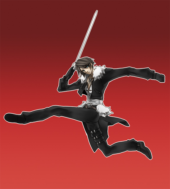 squall leonhart, code geass, dissidia final fantasy, final fantasy, final fantasy viii, fur, 1boy, blue eyes, brown hair, fur jacket, gloves, gunblade, jacket, jewelry, male focus, meme, necklace, parody, red background, scar, simple background, solo, spinzaku, thigh strap, weapon