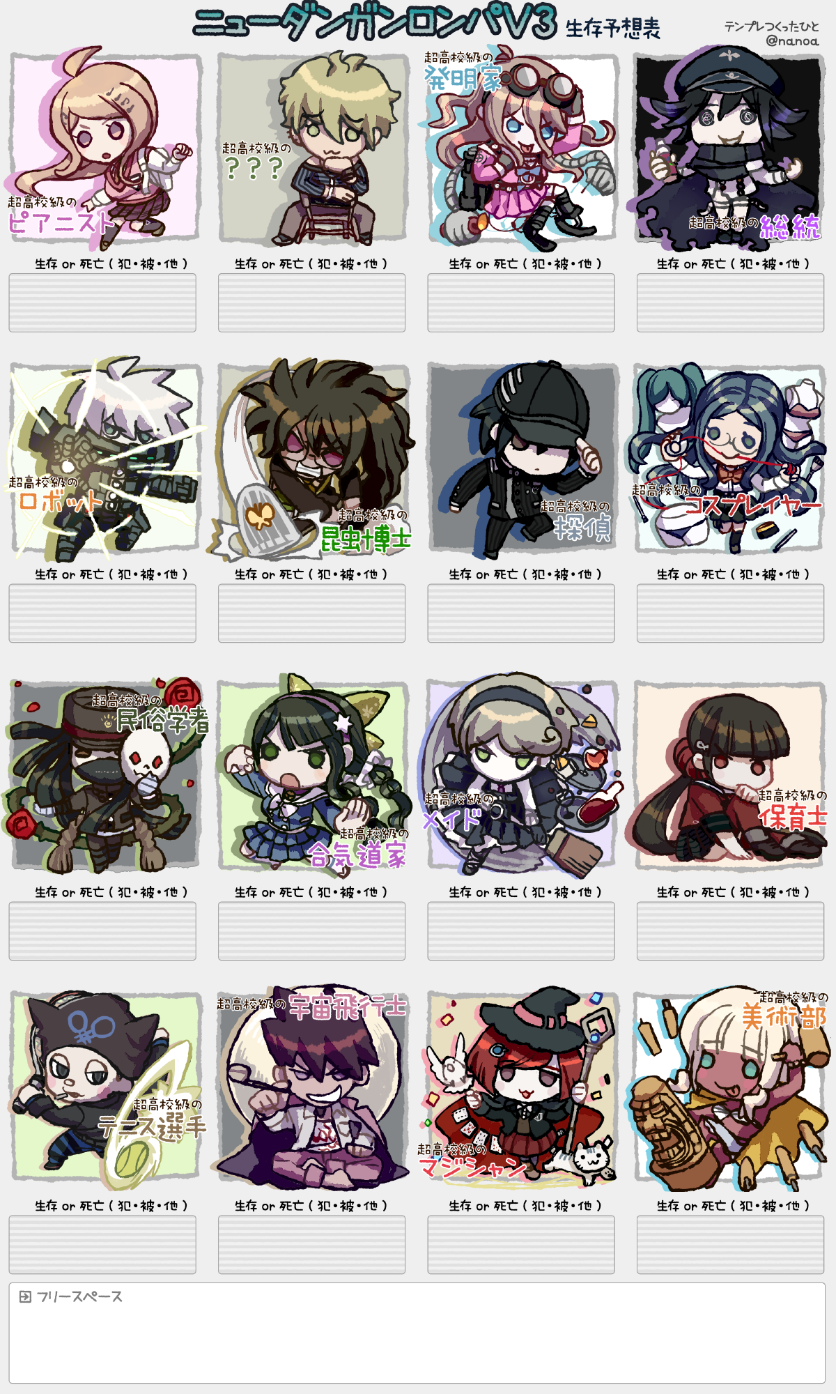 na no (nanoatm), akamatsu kaede, amami rantaro, chabashira tenko, gokuhara gonta, harukawa maki, hoshi ryoma, iruma miu, k1-b0, momota kaito, oma kokichi, saihara shuichi, shinguji korekiyo, shirogane tsumugi, tojo kirumi, yonaga angie, yumeno himiko, danganronpa (series), danganronpa v3: killing harmony, highres, translation request, 6+boys, 6+girls, ball, broom, chibi, everyone, fighting stance, grey background, happy, holding, holding broom, mannequin, mechanical arms, moon, multiple boys, multiple drawing challenge, multiple girls, tennis ball