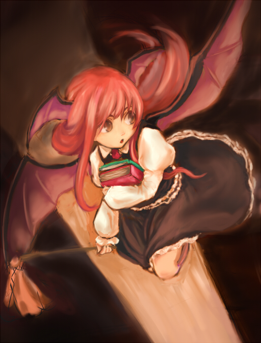 kouzilow, koakuma, embodiment of scarlet devil, touhou, 1girl, bat wings, book, female focus, head wings, long hair, red eyes, red hair, solo, wings