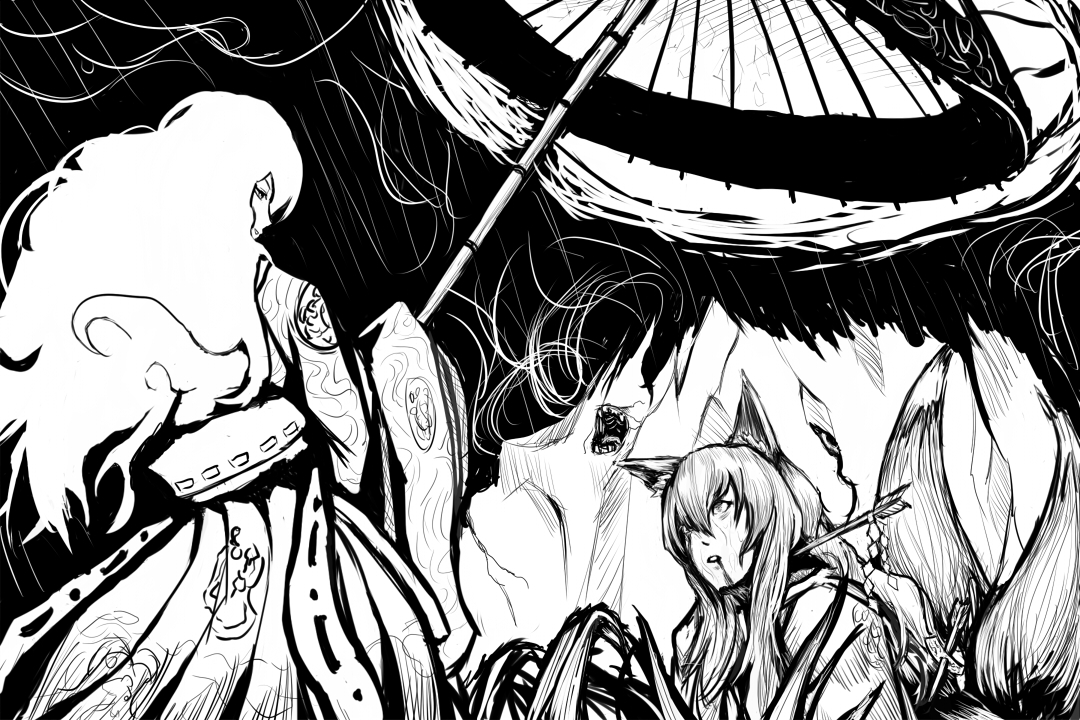 kouzilow, yakumo ran, yakumo yukari, touhou, 2girls, animal ears, arrow (projectile), bleeding, blood, female focus, fox ears, fox tail, greyscale, injury, long hair, monochrome, multiple girls, multiple tails, oil-paper umbrella, tail, umbrella