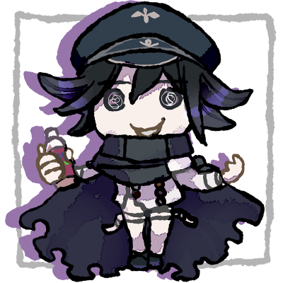 na no (nanoatm), oma kokichi, danganronpa (series), danganronpa v3: killing harmony, commentary request, lowres, 1boy, @ @, belt, belt buckle, black cape, black eyes, black hair, black hat, black shoes, bottle, buckle, buttons, cape, chibi, collared cape, crazy, double-breasted, dress shoes, drop shadow, hair between eyes, hat, high collar, holding, holding bottle, jacket, long sleeves, male focus, multicolored buttons, open belt, open mouth, outside border, pale skin, pants, peaked cap, picture frame, shoes, short hair, smile, soda, soda bottle, solid circle eyes, solo, standing, straight-on, thigh belt, thigh strap, torn cape, torn clothes, torn jacket, transparent background, white belt, white jacket, white pants, wrist belt