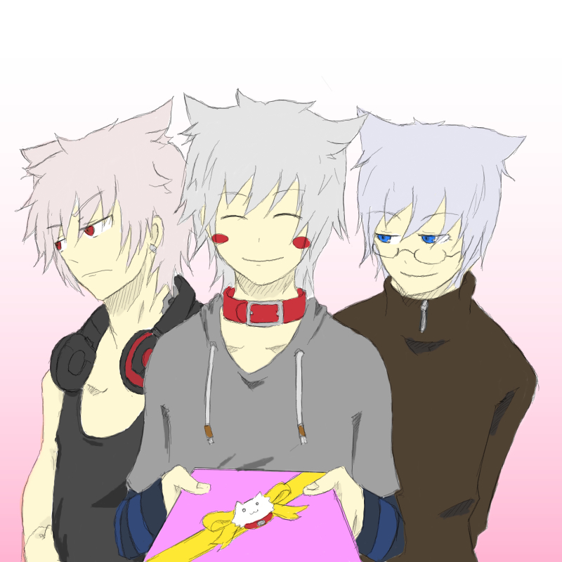 3boys, animal ears, cat boy, cat ears, collar, gift, male focus, multiple boys