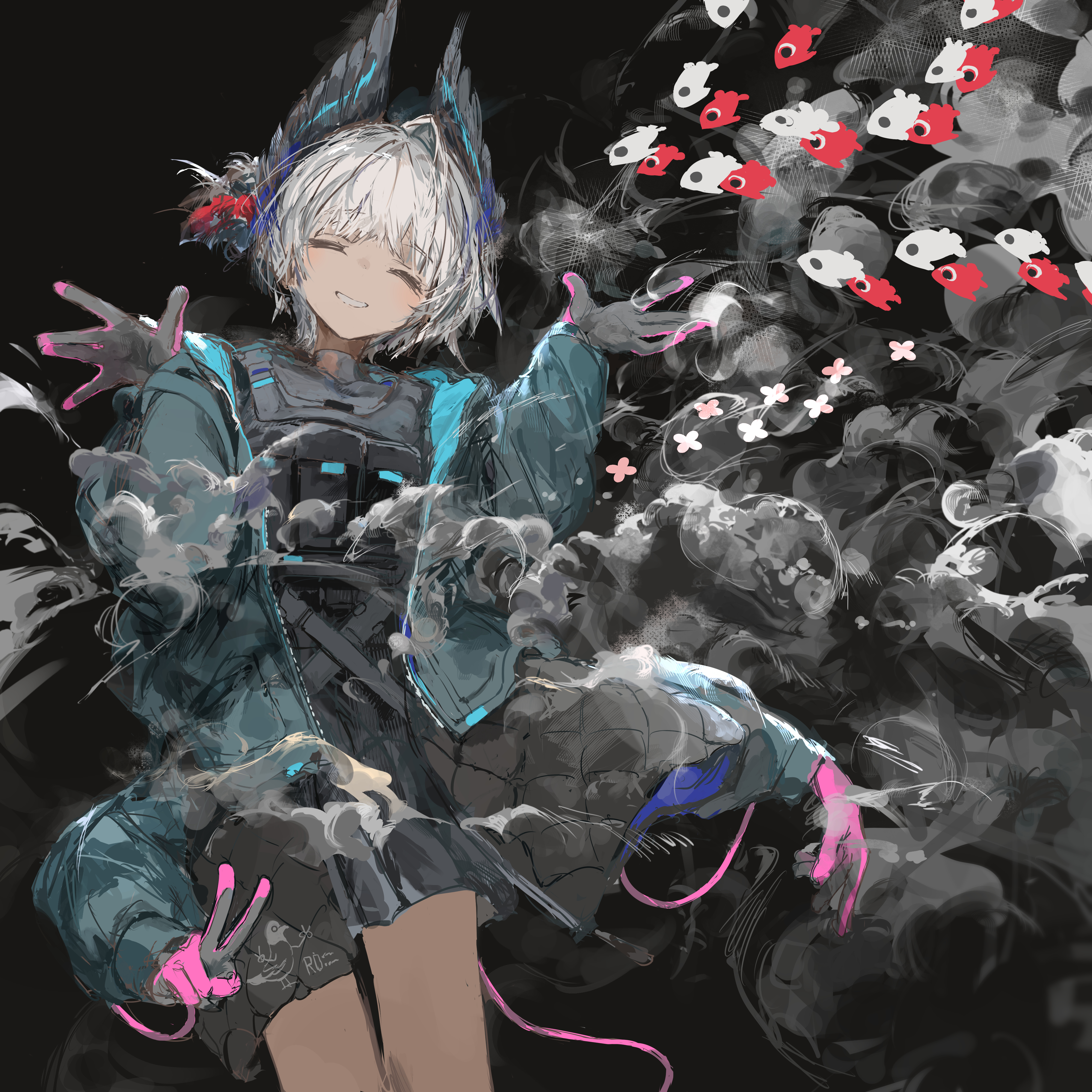 ichika (ichika87), raidian (arknights), arknights, absurdres, commentary, english commentary, highres, 1girl, black background, black dress, black gloves, black vest, blue jacket, closed eyes, dark-skinned female, dark skin, dress, extra arms, feather hair, gloves, jacket, load bearing vest, pink gloves, short hair, simple background, smoke, solo, tropical, two-sided gloves, vest, white hair