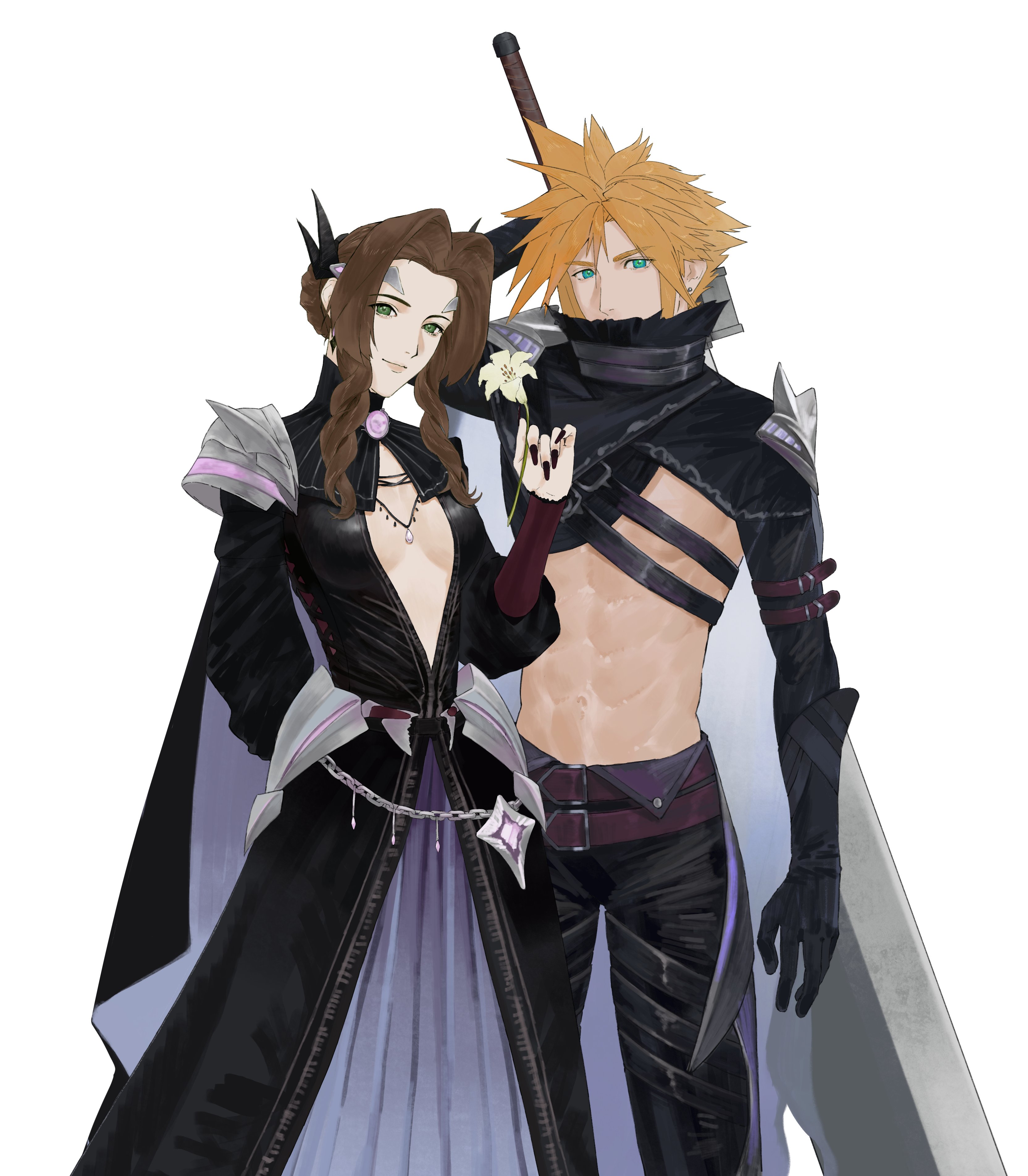 aerith gainsborough, aerith gainsborough (bahamut robe), cloud strife, cloud strife (bahamut garb), final fantasy, final fantasy vii, final fantasy vii: ever crisis, absurdres, highres, 1boy, 1girl, abs, aqua eyes, arm behind back, armor, belt, black cloak, black dress, black gloves, black nails, black pants, black ribbon, black shrug, breasts, brown belt, buster sword, chest strap, cleavage, cloak, closed mouth, covered mouth, cowboy shot, dress, earrings, flower, gloves, green eyes, hair between eyes, hair bun, hair ribbon, holding, holding flower, holding sword, holding weapon, jewelry, light smile, lily (flower), long dress, long hair, looking at viewer, medium breasts, midriff, multiple belts, nail polish, necklace, official alternate costume, pants, parted bangs, plunging neckline, prototype design, ribbon, short hair, shoulder armor, shrug (clothing), sidelocks, single earring, spiked hair, sword, sword on back, updo, weapon, weapon on back, white background, wryynn189954