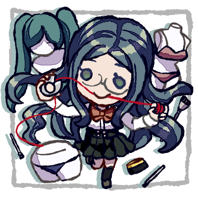 na no (nanoatm), shirogane tsumugi, danganronpa (series), danganronpa v3: killing harmony, lowres, 1girl, aqua eyes, bikini, black corset, black skirt, black socks, blue hair, bow, bowtie, buttons, chibi, closed mouth, corset, cosmetics, dress shoes, drop shadow, eyelashes, forehead, glasses, grey shoes, happy, holding spool, holding tape measure, kneehighs, leg up, long hair, long sleeves, makeup brush, mannequin, miniskirt, mouth hold, orange bow, orange bowtie, outside border, picture frame, pink bikini, pleated skirt, round eyewear, shirt, shoes, skirt, sleeve cuffs, smile, socks, solid circle eyes, solo, spool, standing, suspender skirt, suspenders, swimsuit, thread, transparent background, unworn bikini, very long hair, white shirt, wig