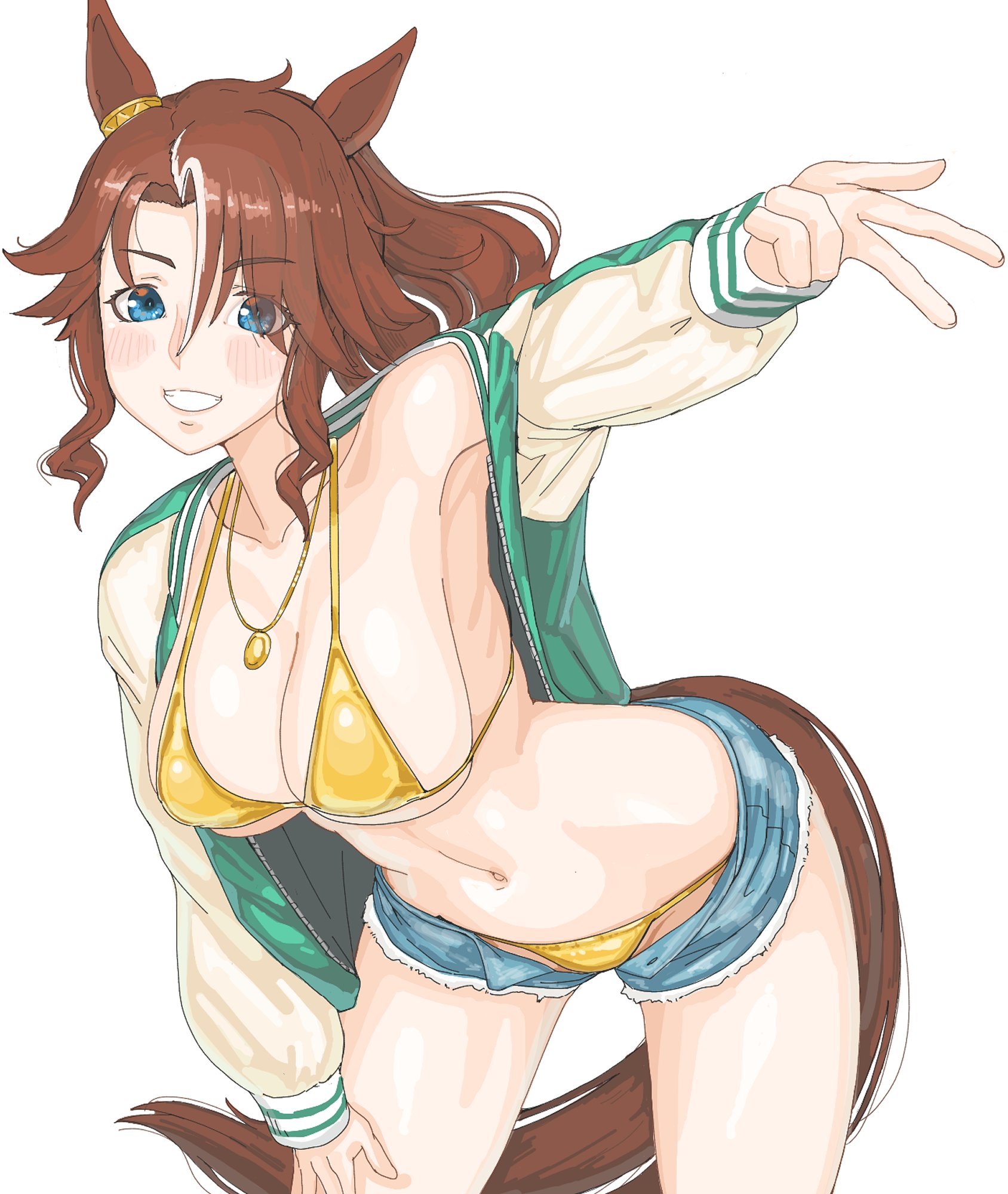 zenchou24cm, mejiro palmer (umamusume), umamusume, commentary request, highres, 1girl, alternate costume, bikini, blue eyes, breasts, cleavage, grin, hair between eyes, hand on own thigh, jacket, jewelry, large breasts, long hair, long sleeves, medium hair, multicolored hair, navel, necklace, open clothes, open fly, open jacket, simple background, smile, solo, stomach, streaked hair, swimsuit, w, white background, white hair, white jacket, yellow bikini